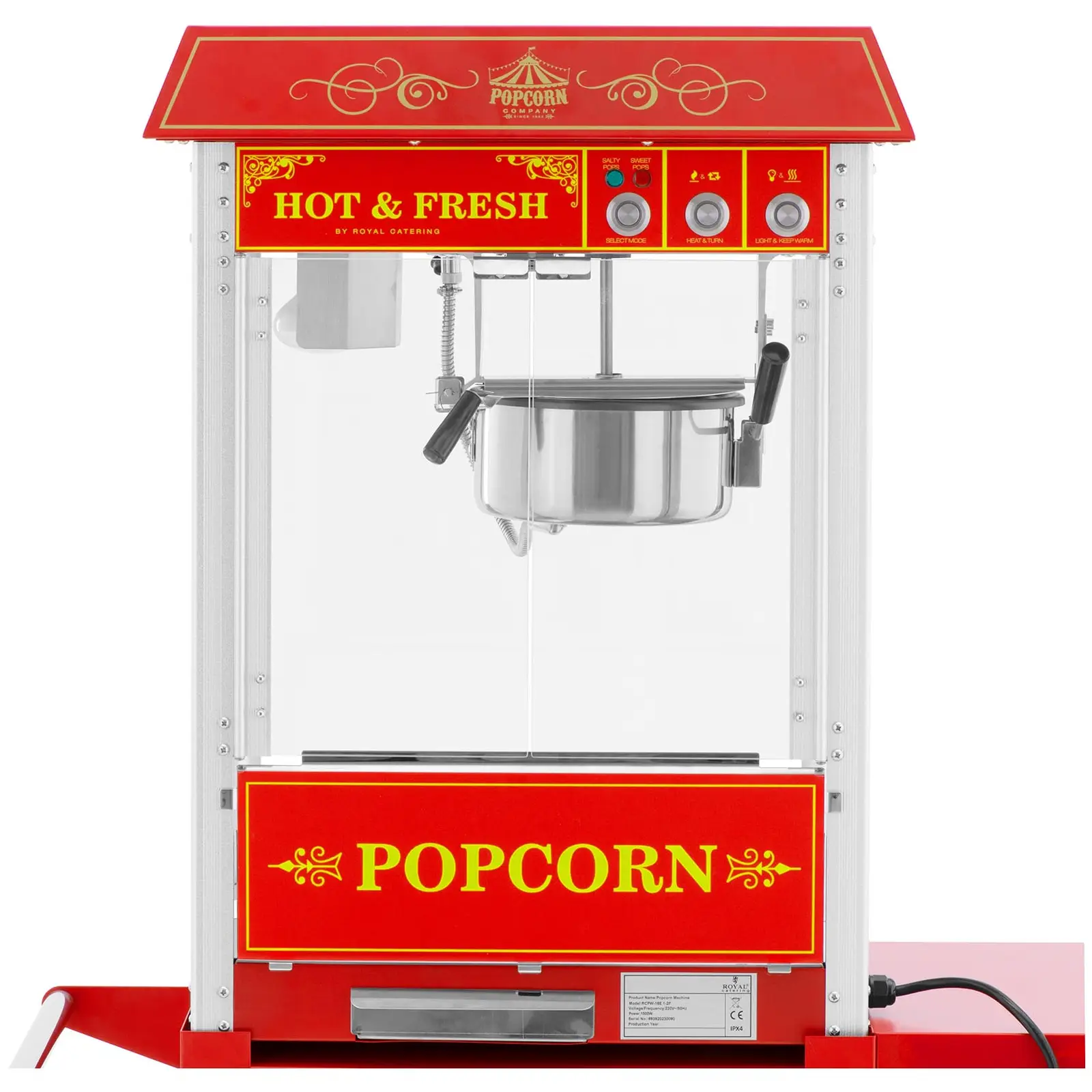 Stroj na popcorn s vozíkem - 1600 W - 5 kg/h - retro design - 195 / 235 °C - červený - Royal Catering (Počet brzd: 2)