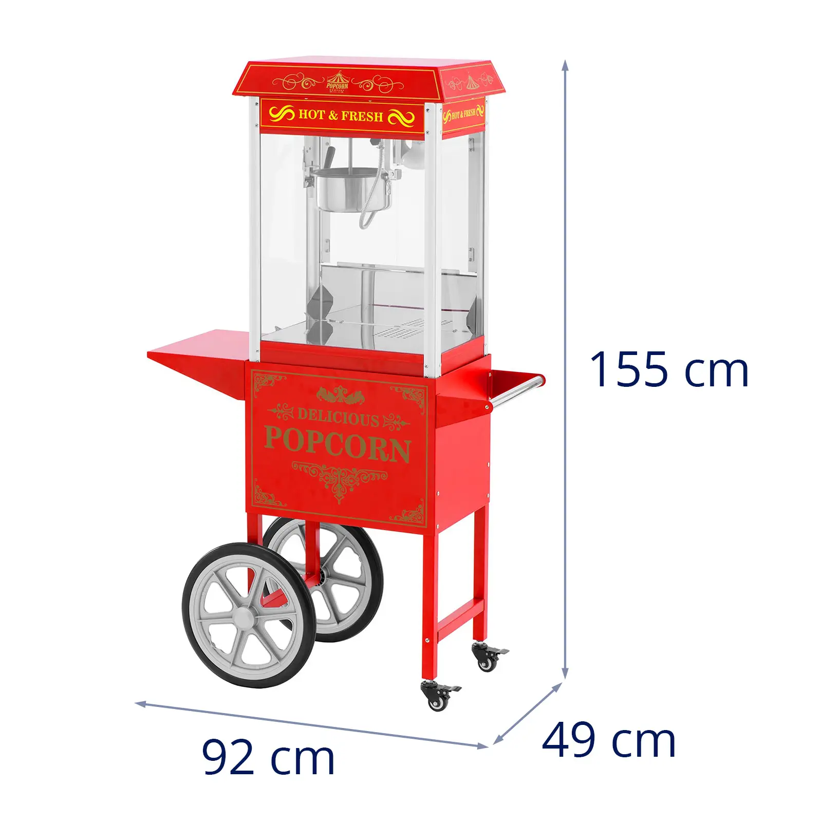 Stroj na popcorn s vozíkem - 1600 W - 5 kg/h - retro design - 195 / 235 °C - červený - Royal Catering (Zásuvka na drobky: Ano)