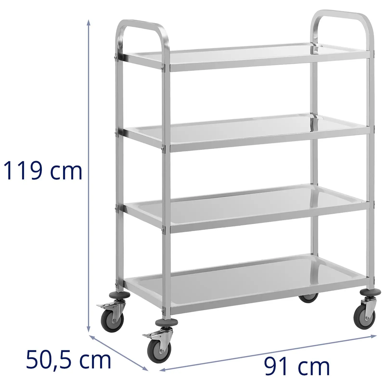 Servierwagen - Edelstahl - 4 Borde - Ablagen: 73 x 38 cm - 300 kg - Royal Catering (360°-Lenkrolle: Ja)
