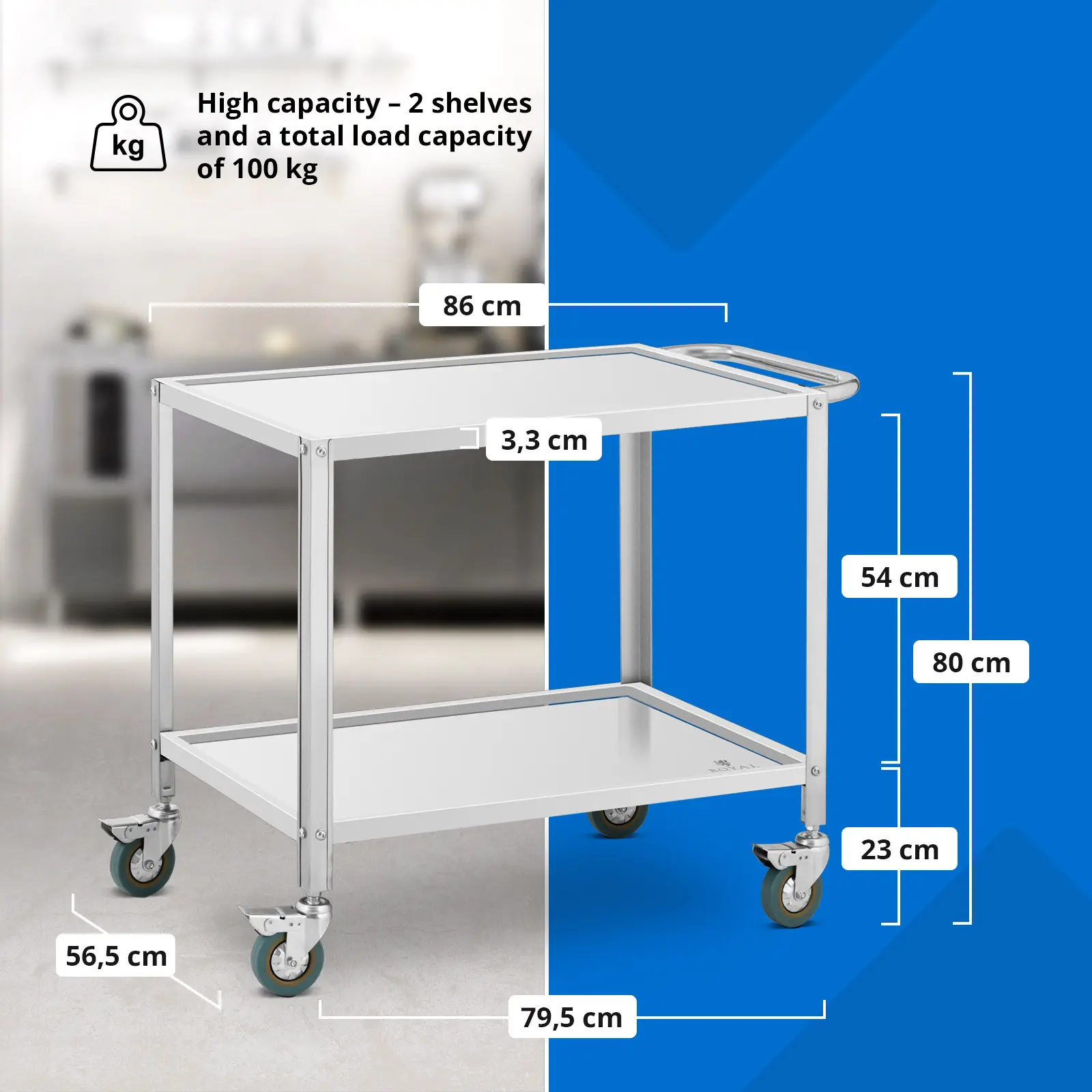 Tálalókocsi - 2 polc - 80 x 57 x 3,5 cm - 53 cm-es távolság - 100 kg - Royal Catering (360°-ban elforgatható görgők: Igen)