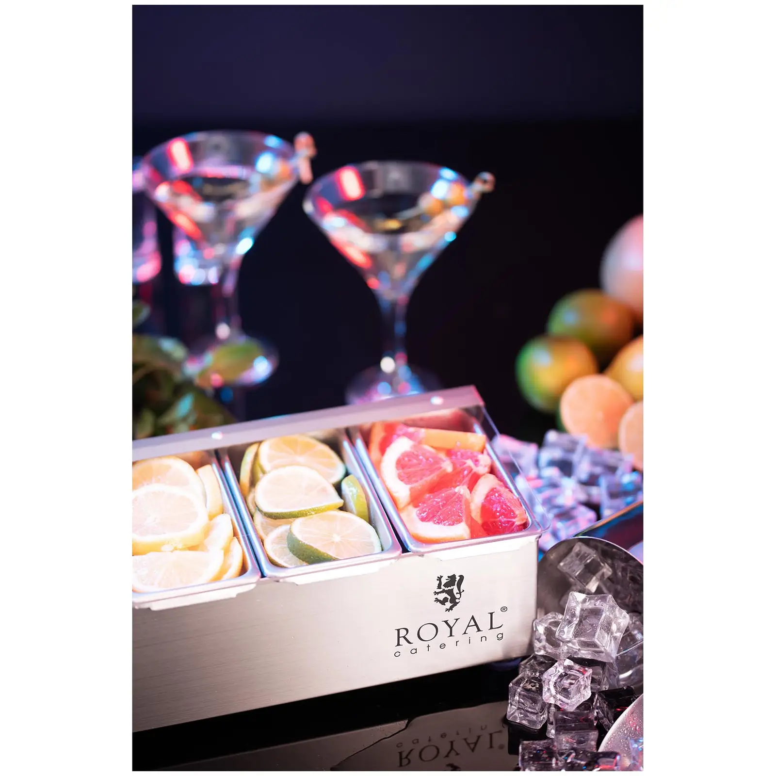Contenedor para ingredientes - acero inoxidable - 6 x 0,4 L - Royal Catering (Dimensiones del recipiente [mm]: 455 × 150 × 90)