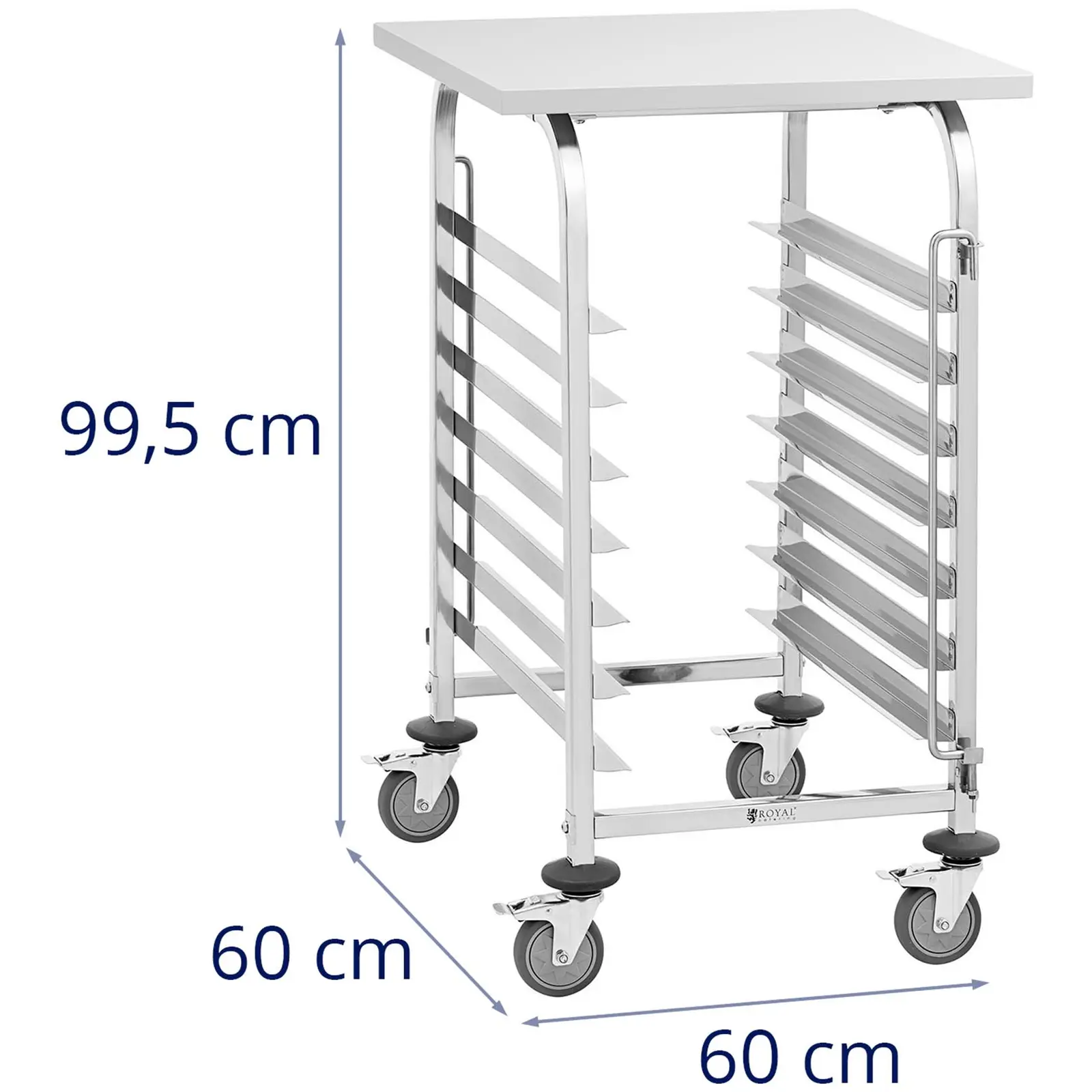 Chariot à plateaux - 7 plateaux + tablette - Acier inoxydable - Royal Catering (Espacement glissières: 80 mm)