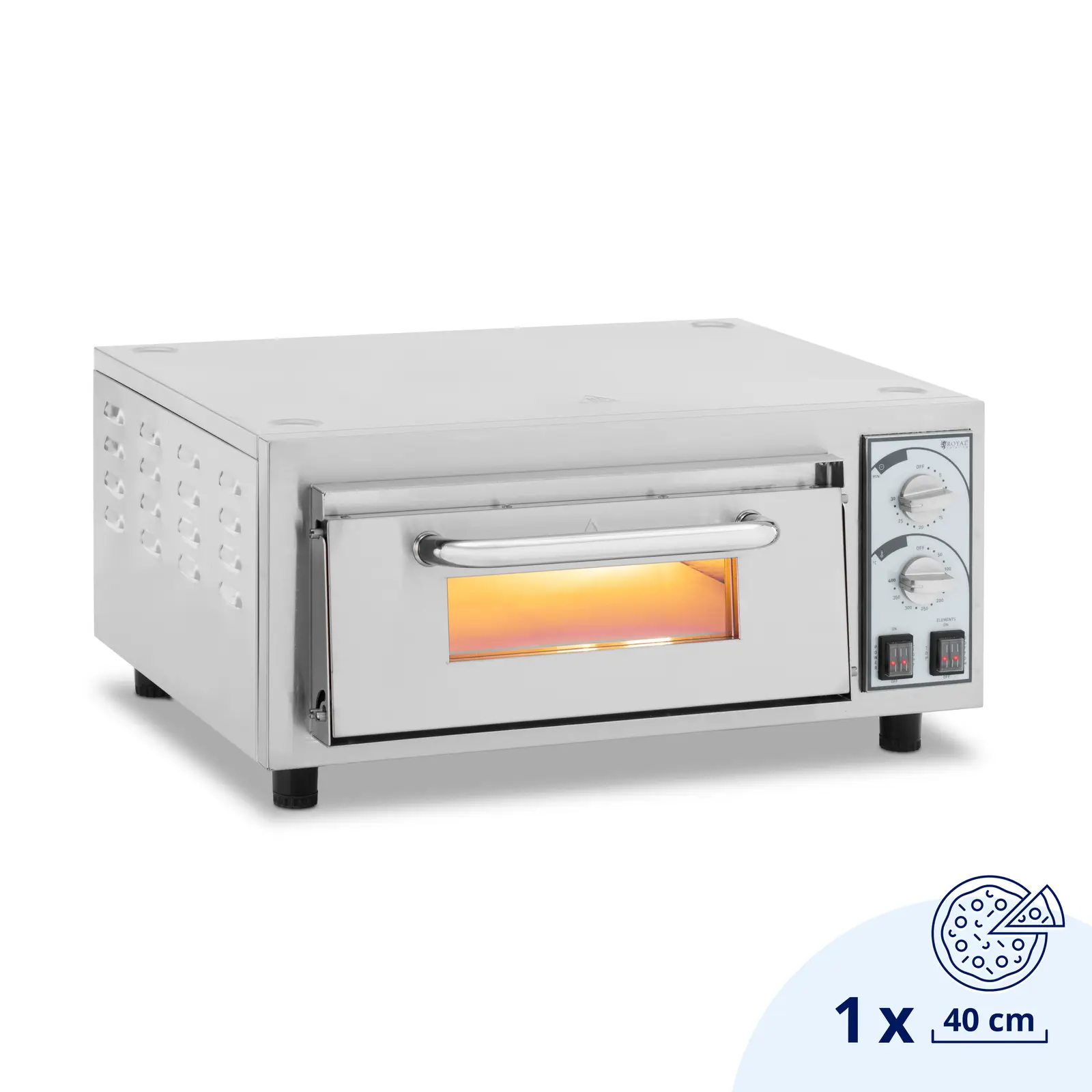 Elektro-Pizzaofen - 1 x 40 cm - 1 Kammer - 2400 W - 230 V - manuell - feuerfester Stein - Royal Catering