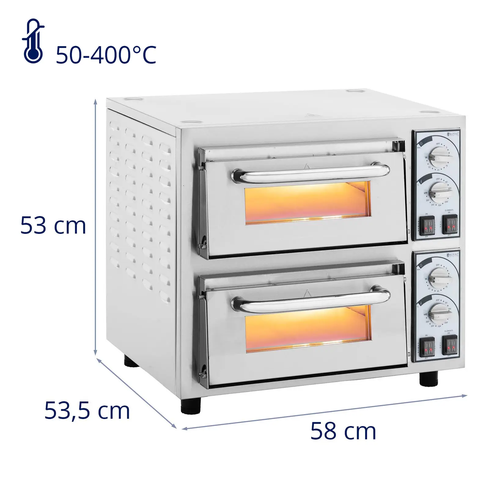 Pec na pizzu - 2 komory - 4 400 W - Ø 35 cm - žáruvzdorný kámen - Royal Catering (Barva: Stříbrná)