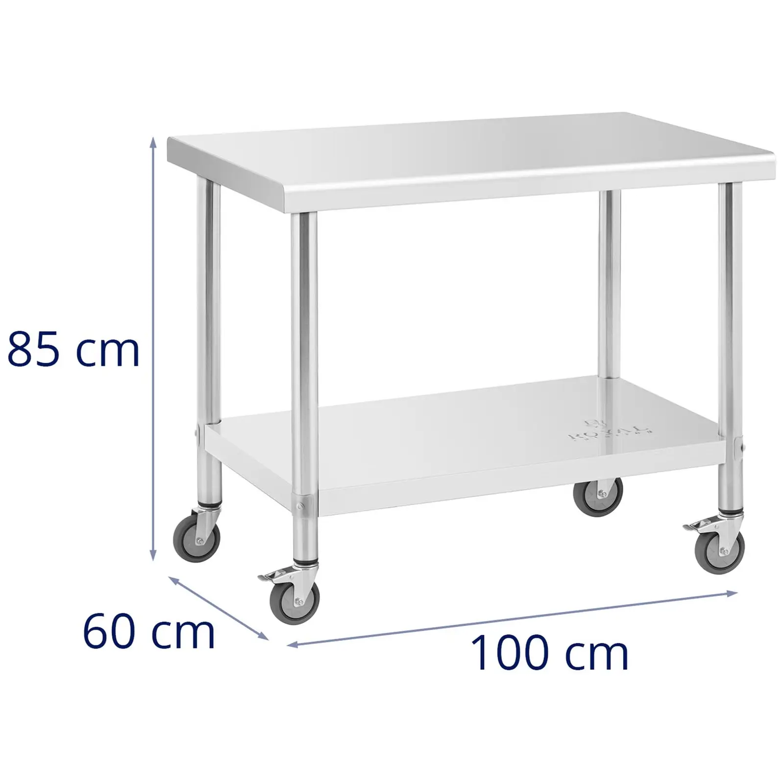 Stůl z ušlechtilé oceli s kolečky - PREMIUM - 60 x 100 cm - 155 kg - Royal Catering (Maximální odolnost dolní police: 60 kg)