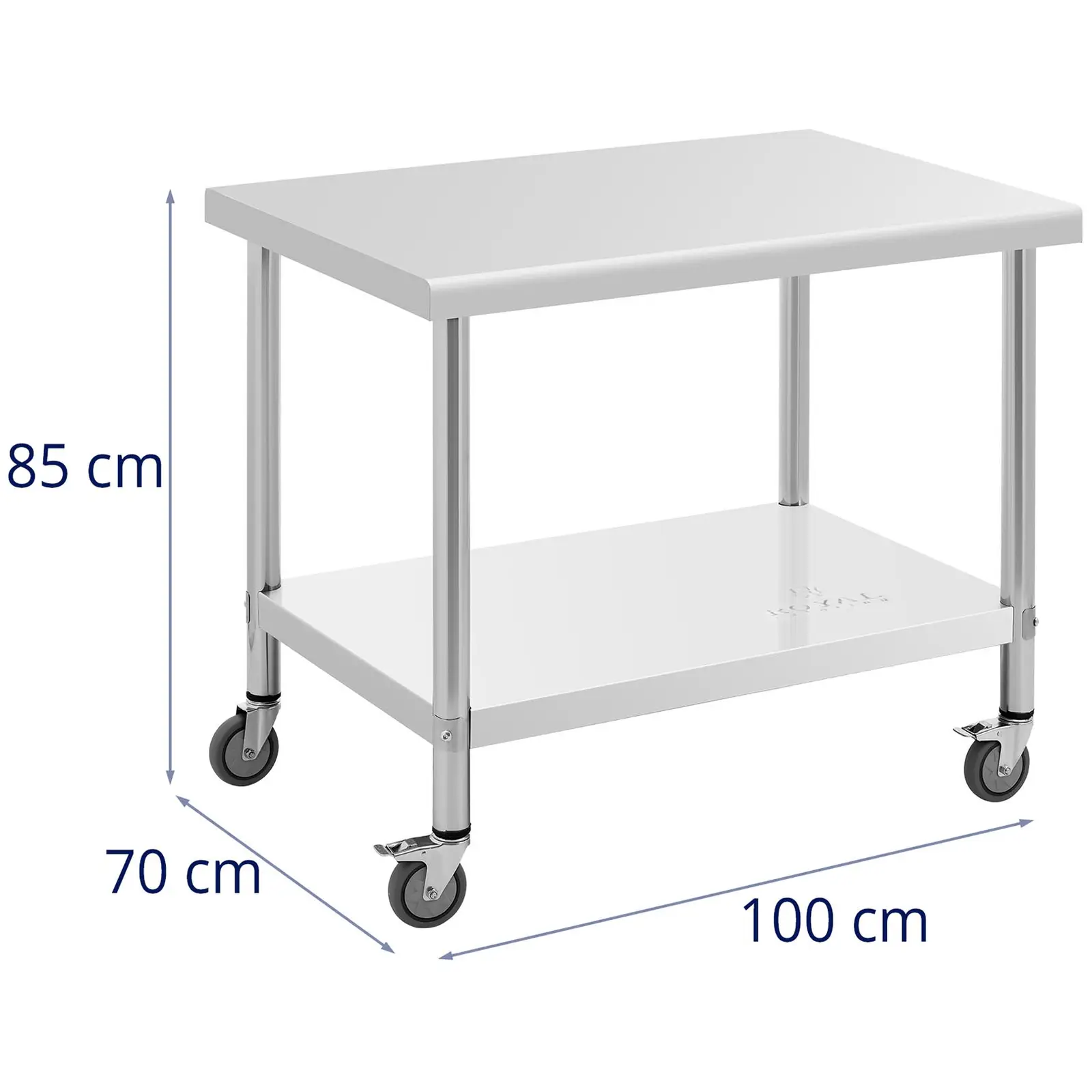 Stůl z ušlechtilé oceli s kolečky - PREMIUM - 70 x 100 cm - 155 kg - Royal Catering (Tloušťka materiálu: 0.9 mm)