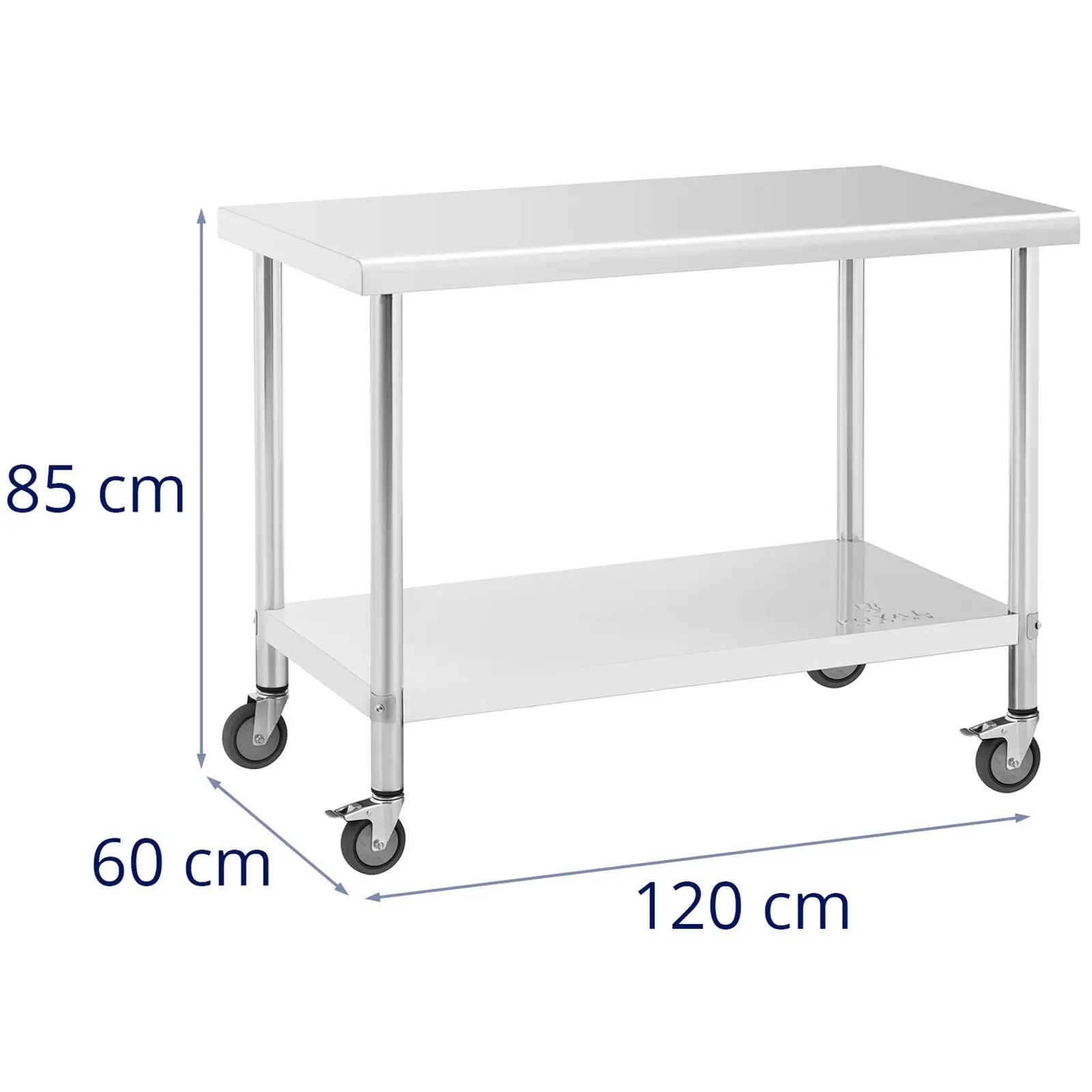 Stůl z ušlechtilé oceli s kolečky - PREMIUM - 60 x 120 cm - 158 kg - Royal Catering (Tloušťka materiálu: 0.9 mm)