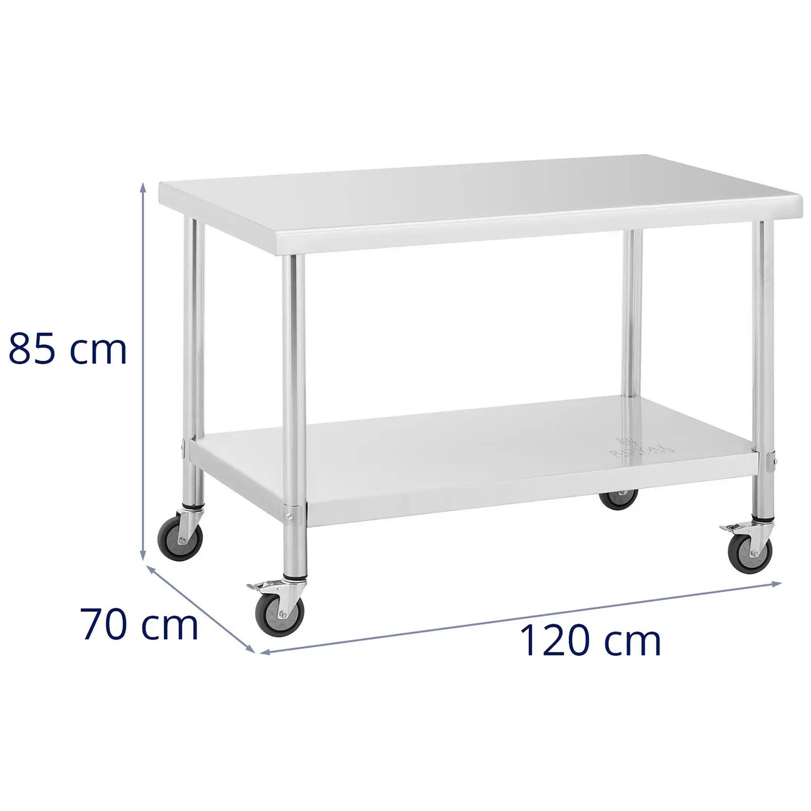 Stůl z ušlechtilé oceli s kolečky - PREMIUM - 70 x 120 cm - 158 kg - Royal Catering (Maximální odolnost dolní police: 60 kg)