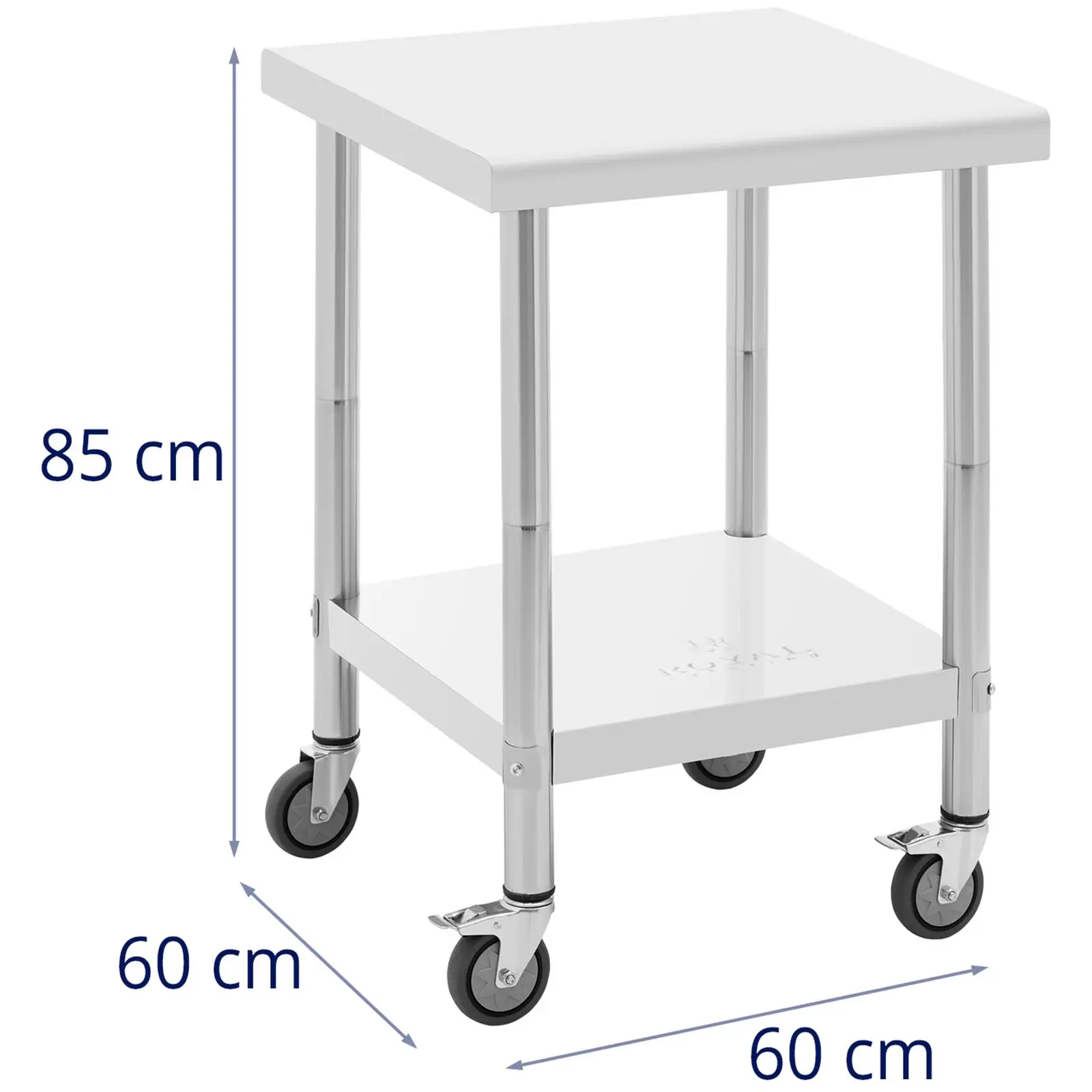 Stůl z ušlechtilé oceli s kolečky - PREMIUM - 60 x 60 cm - 120 kg - Royal Catering (Maximální odolnost dolní police: 50 kg)