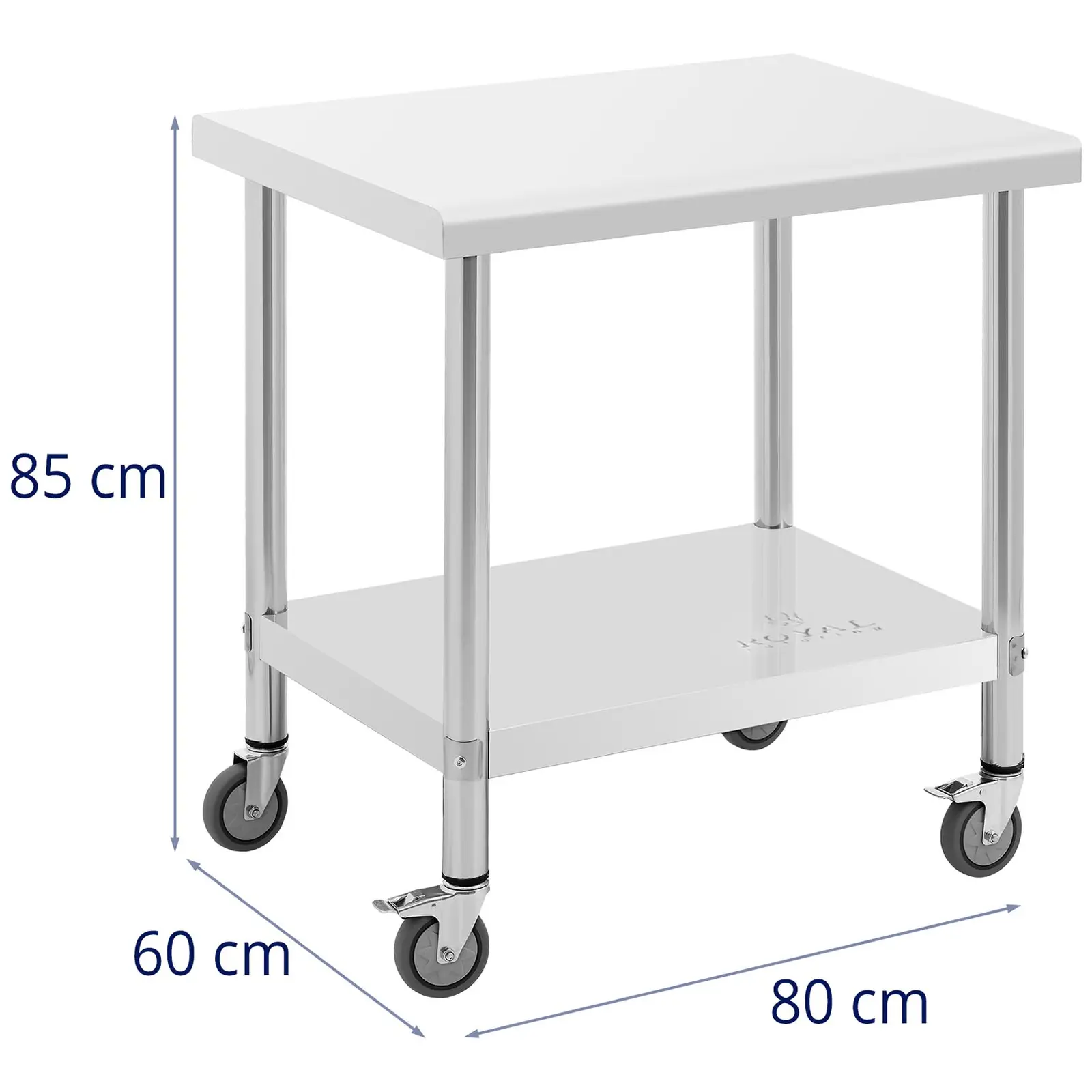 Table de travail en inox - PREMIUM - 60 x 80 cm - 135 kg - Royal Catering (Charge max. étagère inférieure: 55 kg)