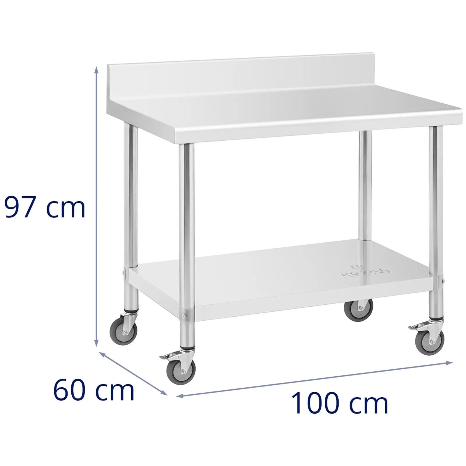 Mesa de trabalho em aço inoxidável sobre rodas - 60 x 100 cm - 155 kg - Royal Catering