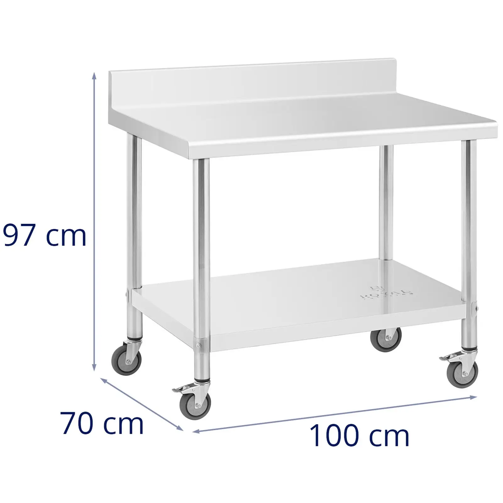 B-zboží Stůl z ušlechtilé oceli s kolečky - PREMIUM - 70 x 100 cm - 155 kg - lemování - Royal Catering (Maximální odolnost dolní police: 60 kg)
