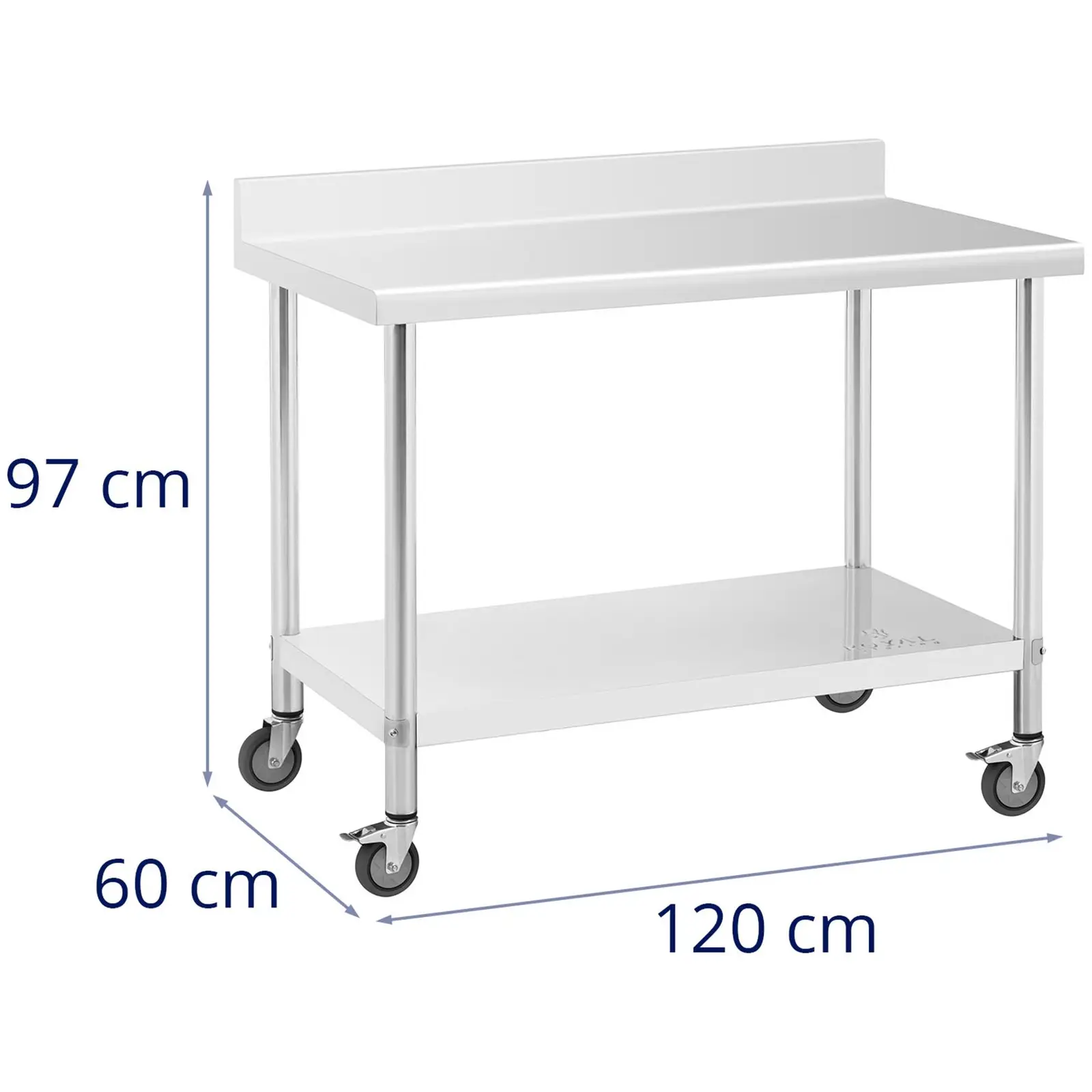 Teräspöytä pyörillä - PREMIUM - 60 x 120 cm - 158 kg - roiskesuoja - Royal Catering