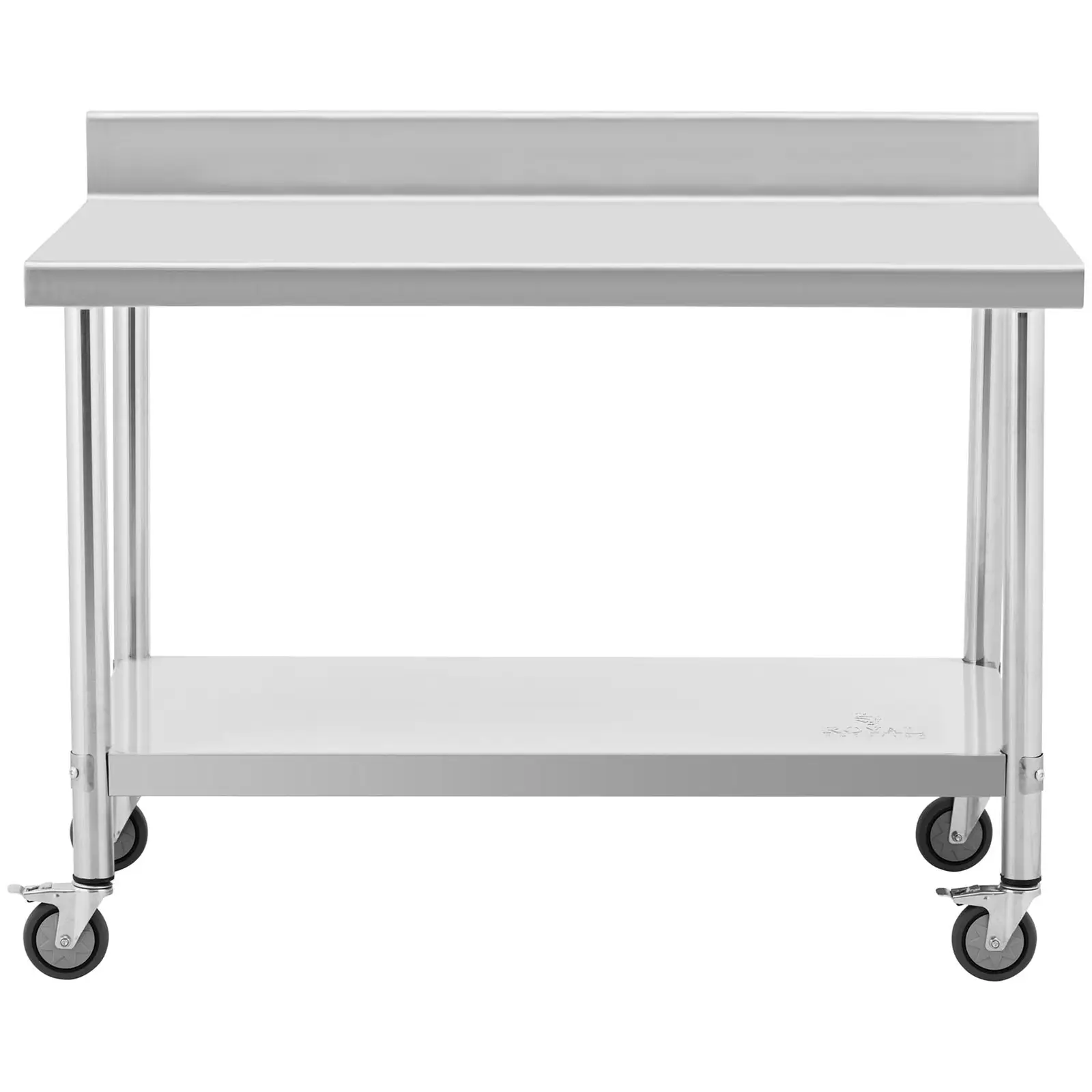 Stůl z ušlechtilé oceli s kolečky - PREMIUM - 70 x 120 cm - 158 kg - lemování - Royal Catering (Celková kapacita: 158 kg)