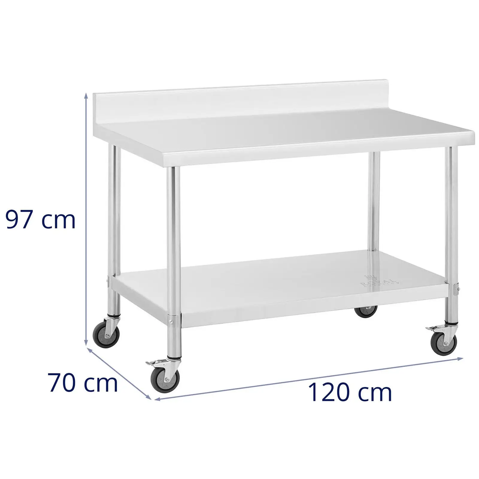 Stůl z ušlechtilé oceli s kolečky - PREMIUM - 70 x 120 cm - 158 kg - lemování - Royal Catering (Maximální odolnost dolní police: 60 kg)