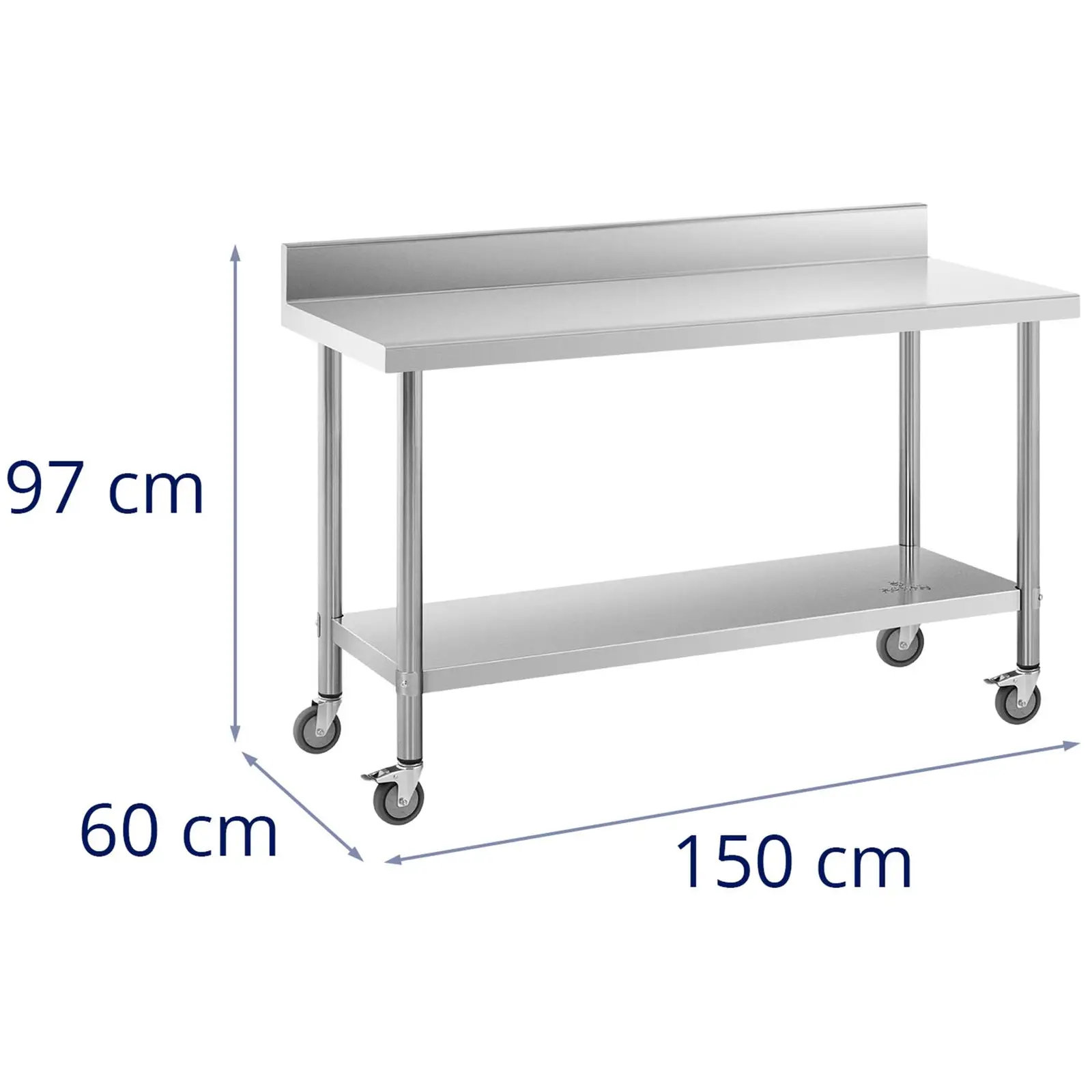 B-varer Arbeidsbenk på hjul - PREMIUM - 60 x 150 cm - 160 kg - bakkant - Royal Catering (Materiale: Rustfritt stål)