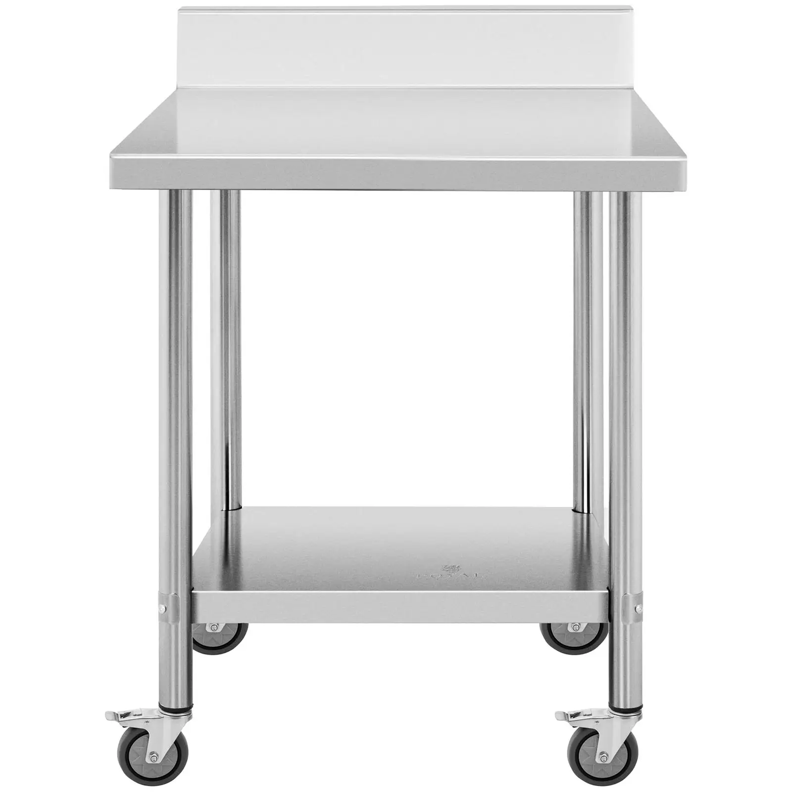 Stůl z ušlechtilé oceli s kolečky - PREMIUM - 60 x 80 cm - 135 kg - lemování - Royal Catering (Maximální odolnost dolní police: 55 kg)
