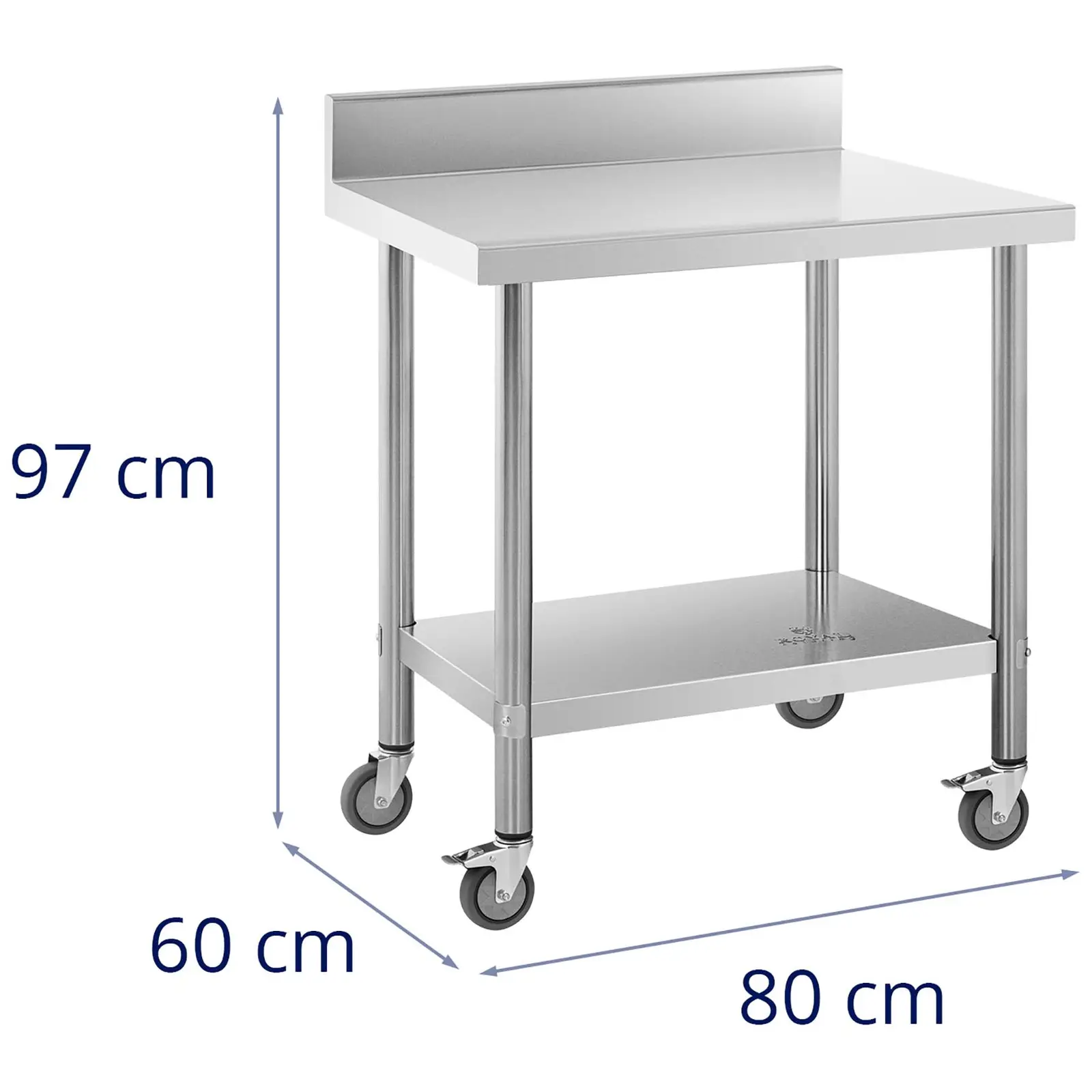 Stůl z ušlechtilé oceli s kolečky - PREMIUM - 60 x 80 cm - 135 kg - lemování - Royal Catering (Materiál: Ušlechtilá ocel)