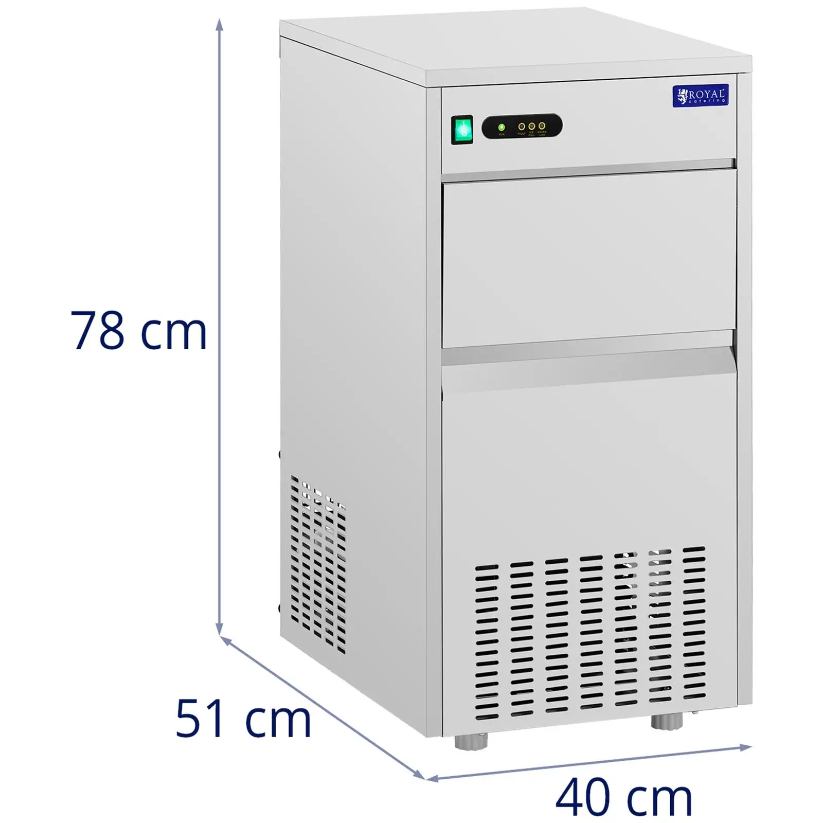 Výrobník ledu - 30 kg/24 h - kapacita 7 kg - 240 W - ušlechtilá ocel - Royal Catering (Emitovaný hluk: 62 dB)