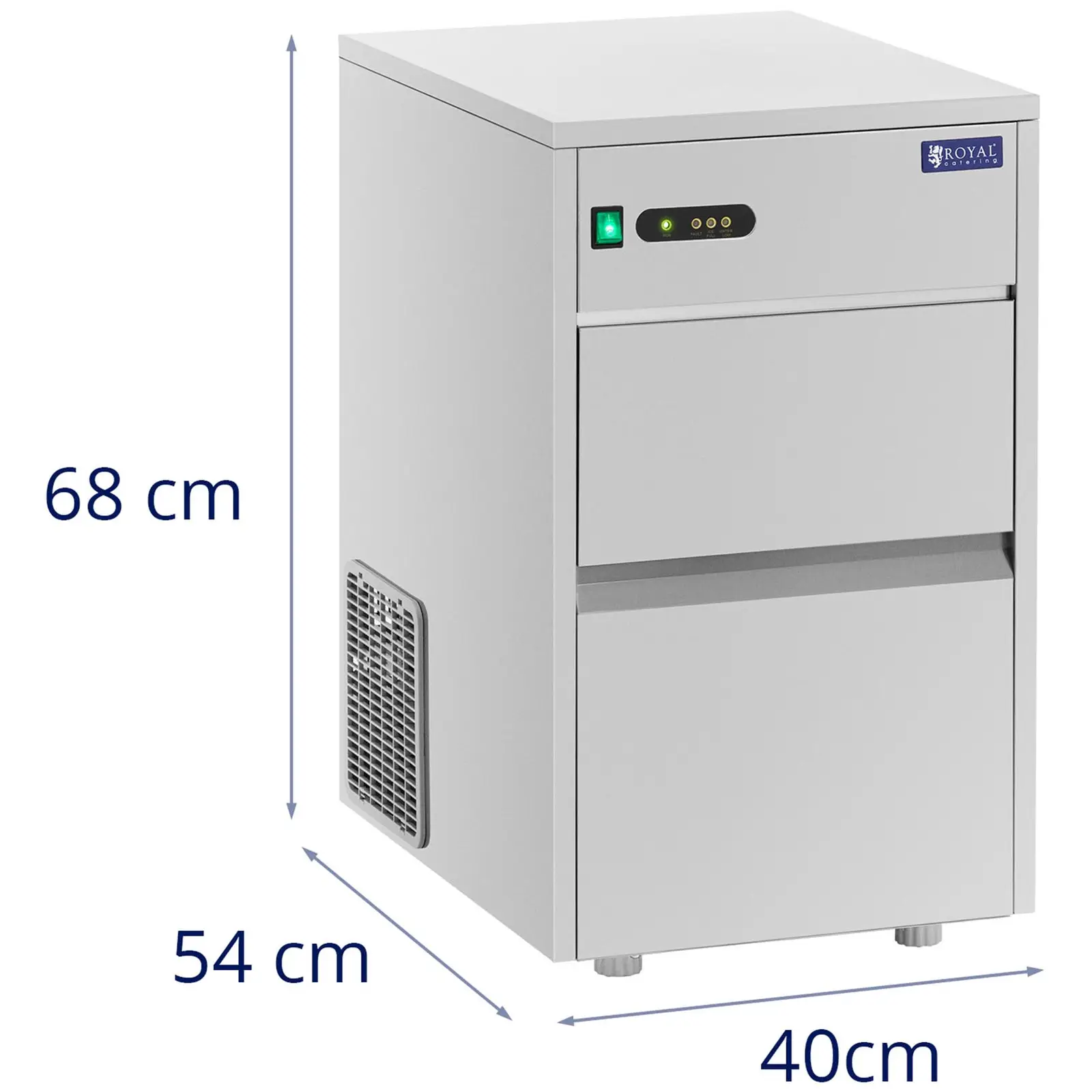 Výrobník ledu - 50 kg/24 h - kapacita 7 kg - 310 W - ušlechtilá ocel - Royal Catering (Emitovaný hluk: 58 dB)