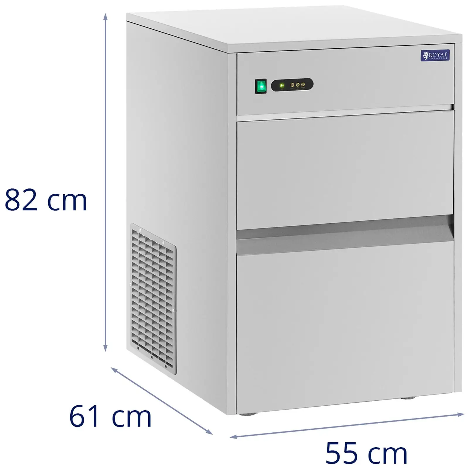 Výrobník ledu - 50 kg/24 h - kapacita 13 kg - 350 W - ušlechtilá ocel - Royal Catering (Emitovaný hluk: 56 dB)