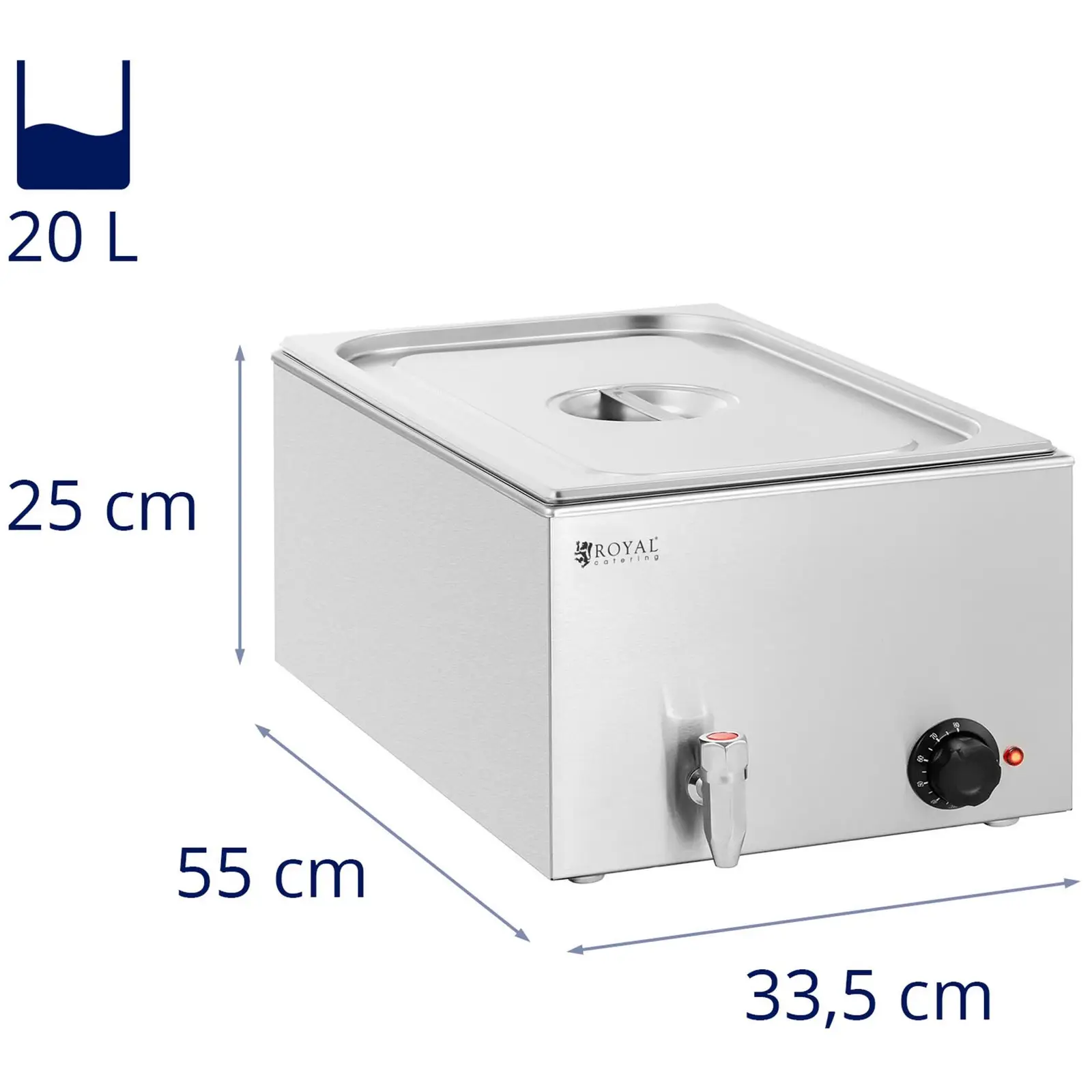 Bain marie - 640 W - GN 1/1 perforált serpenyő - leeresztő csap - Royal Catering