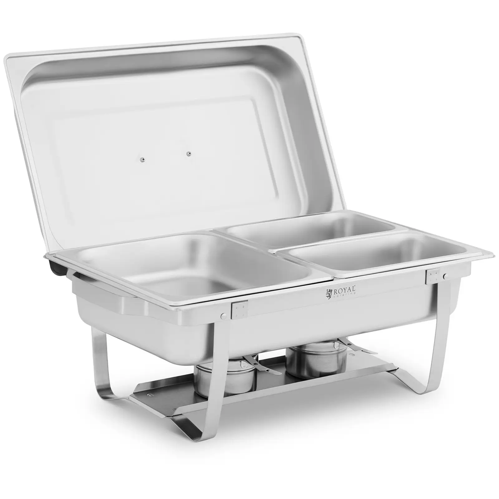 Chafing Dish GN 1/2 2 x GN 1/4 9 l 2 nádoby na palivo 295 x 235 x 60 / 240 x 135 x 65 mm - Royal Catering