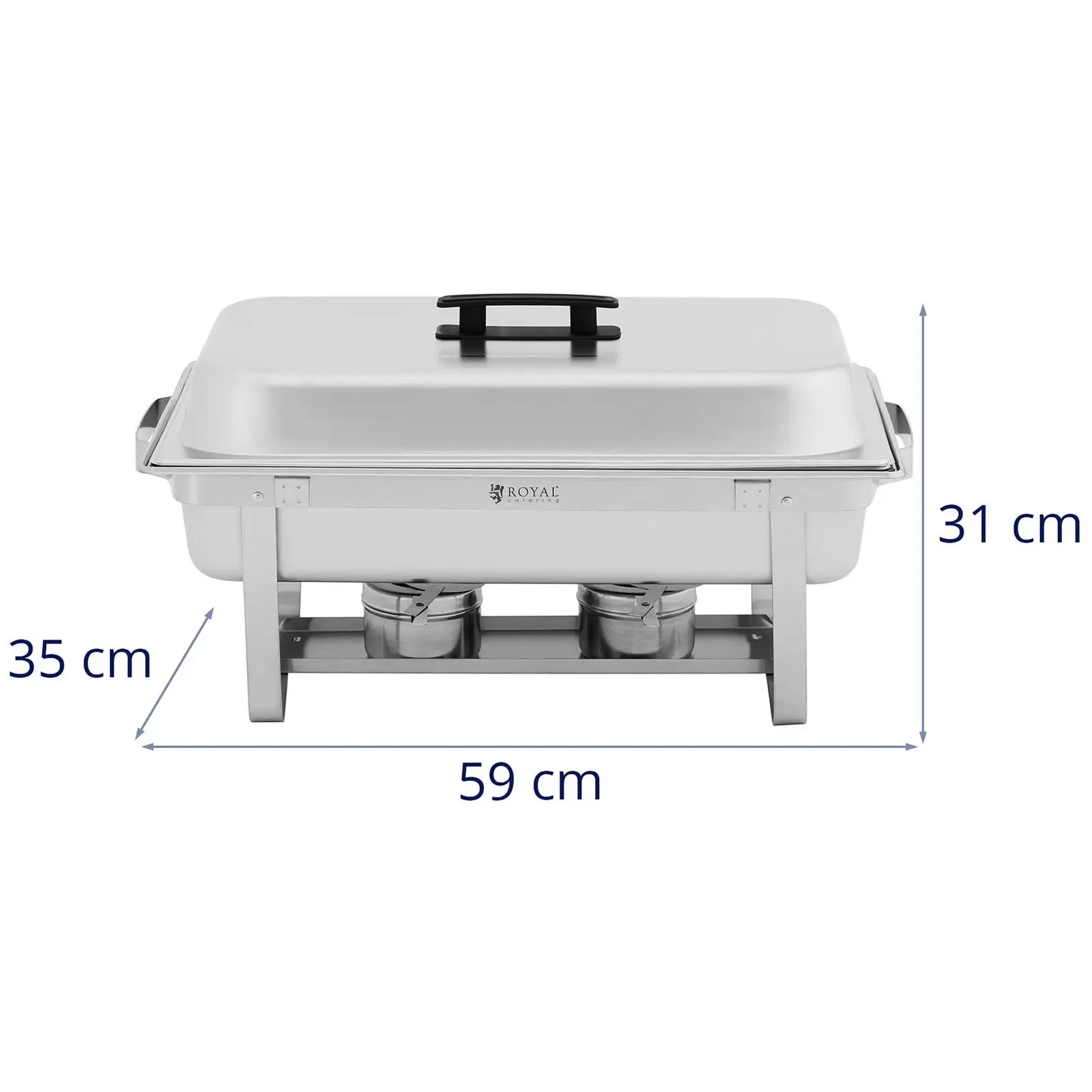 Chafing Dish - GN 1/2 - 2 x GN 1/4 - 9 l - 2 nádoby na palivo - 295 x 235 x 60 / 240 x 135 x 65 mm - Royal Catering (Materiál: Ušlechtilá ocel)