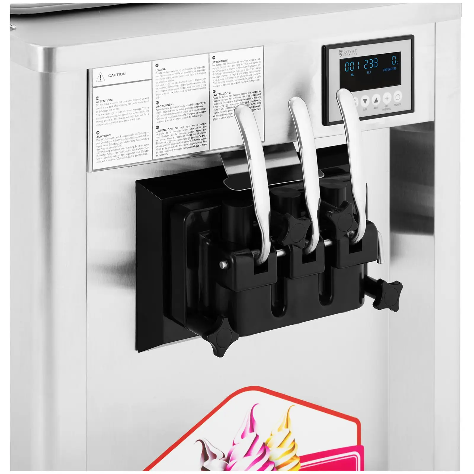 Stroj na točenou zmrzlinu - 1 550 W - 23 l/h - třípákový - Royal Catering (Kolečka: Ne)