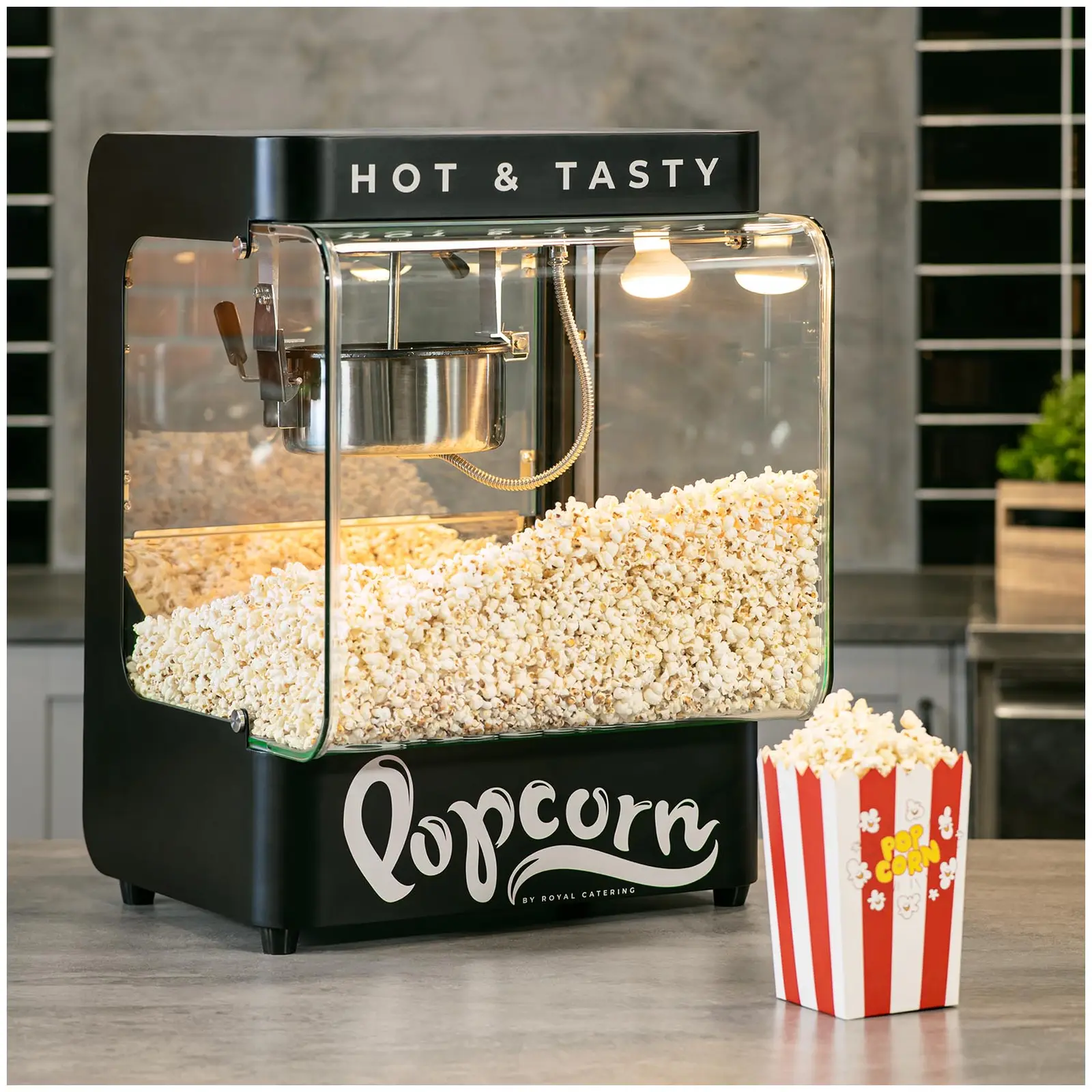 Profesionálny stroj na popcorn – moderný dizajn – 4 – 5 kg/h – 1.2 l – čierny – Royal Catering