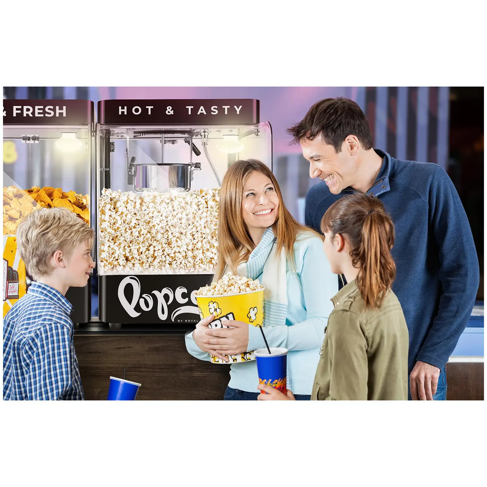 Profesionálny stroj na popcorn – moderný dizajn – 4 – 5 kg/h – 1.2 l – čierny – Royal Catering