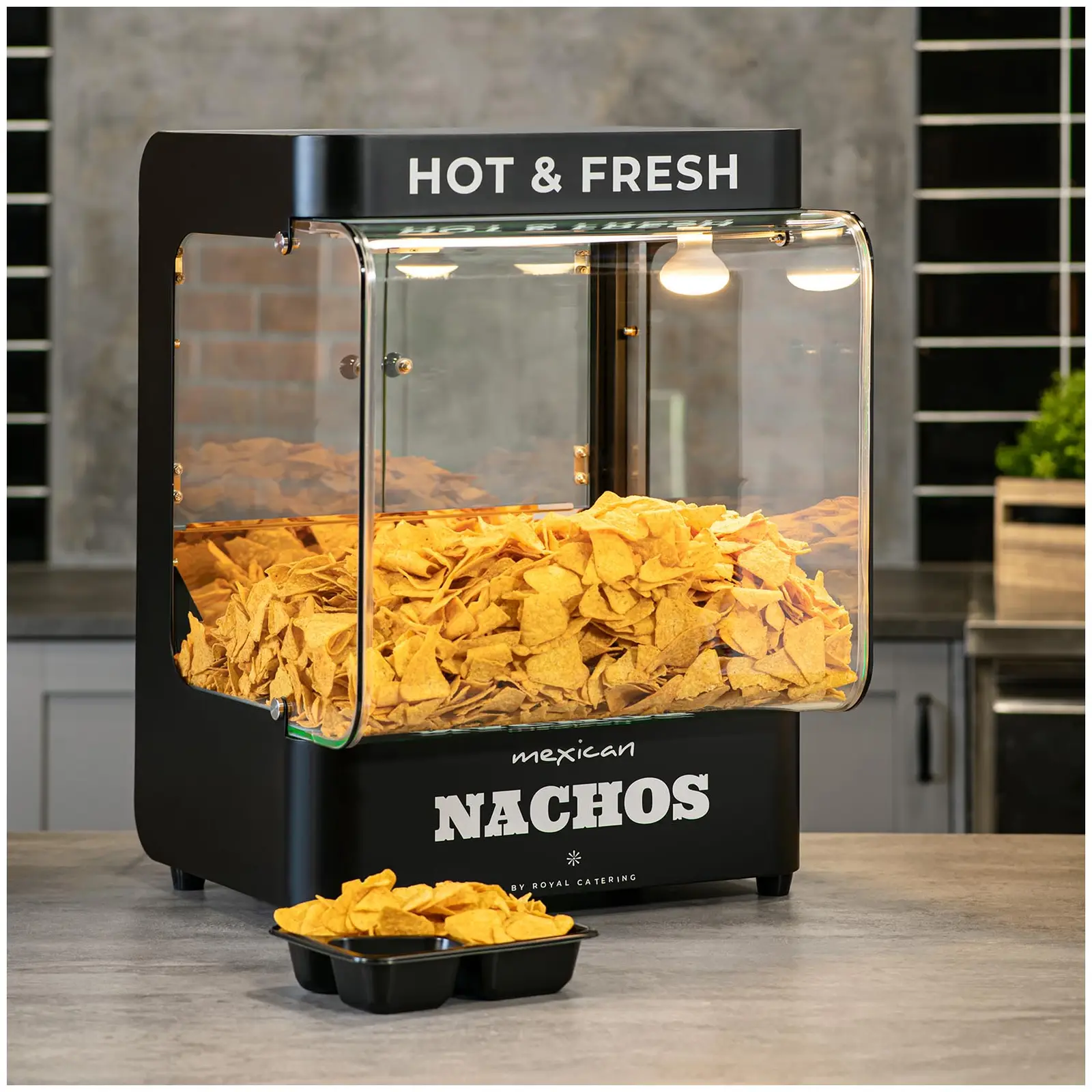 Ohřívač na nachos - moderní design - 99 l - 50–60 °C - černý - Royal Catering (Hmotnost: 27.4 kg)
