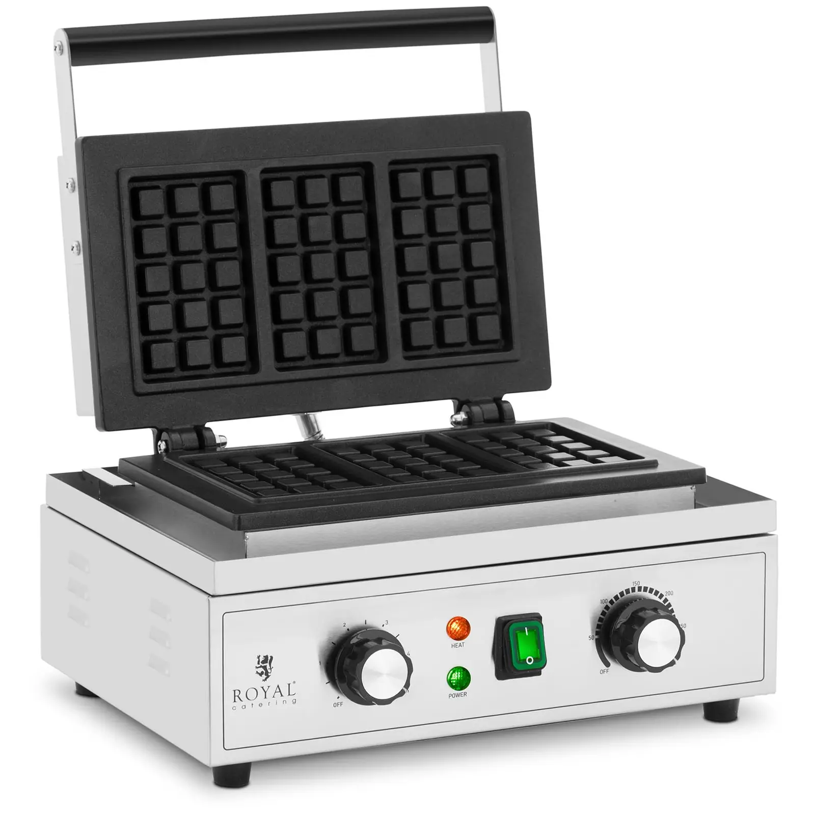 Gofrisütő - 3 belga gofri - 1500 W - 50–300 °C - 0 - 5 perces időzítő - Royal Catering