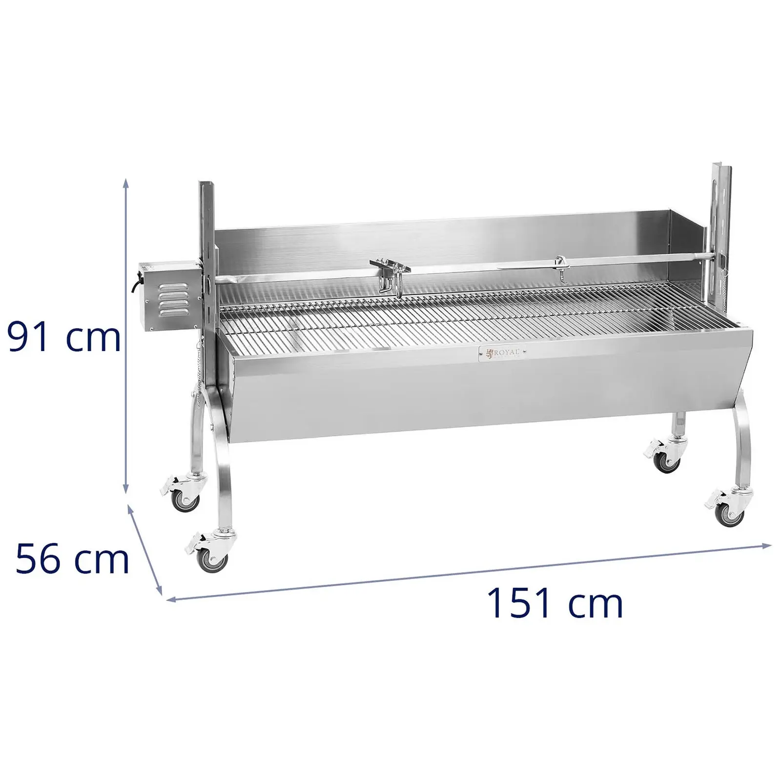 Gril na sele - s motorem - 40 kg - délka rožně: 137 cm - ušlechtilá ocel - kryt proti větru (Grilovací plocha[cm]: 126 x 50)