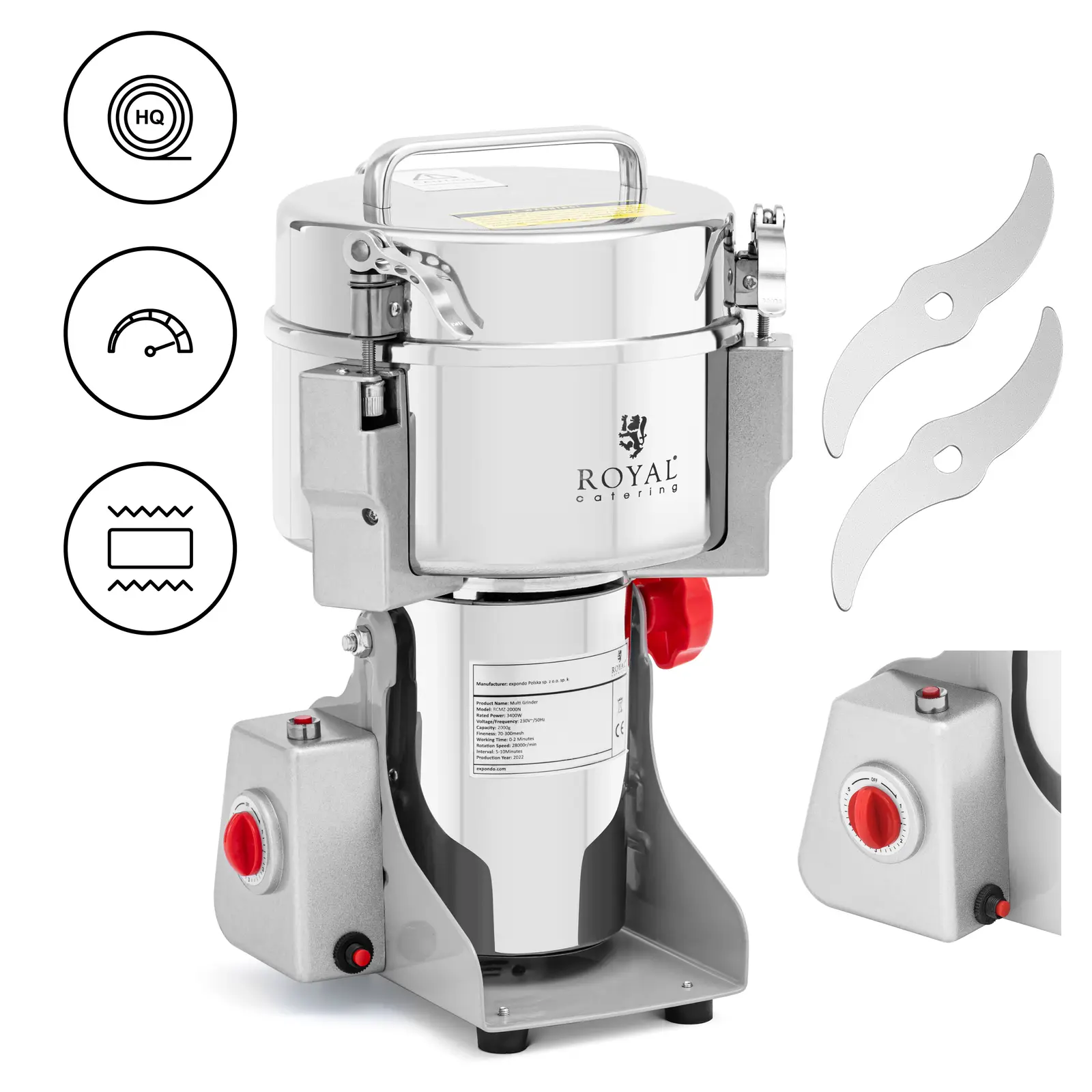 Electric spice grinder - 2000 g - 21 x 9.5 cm - 3400 W - Royal Catering 