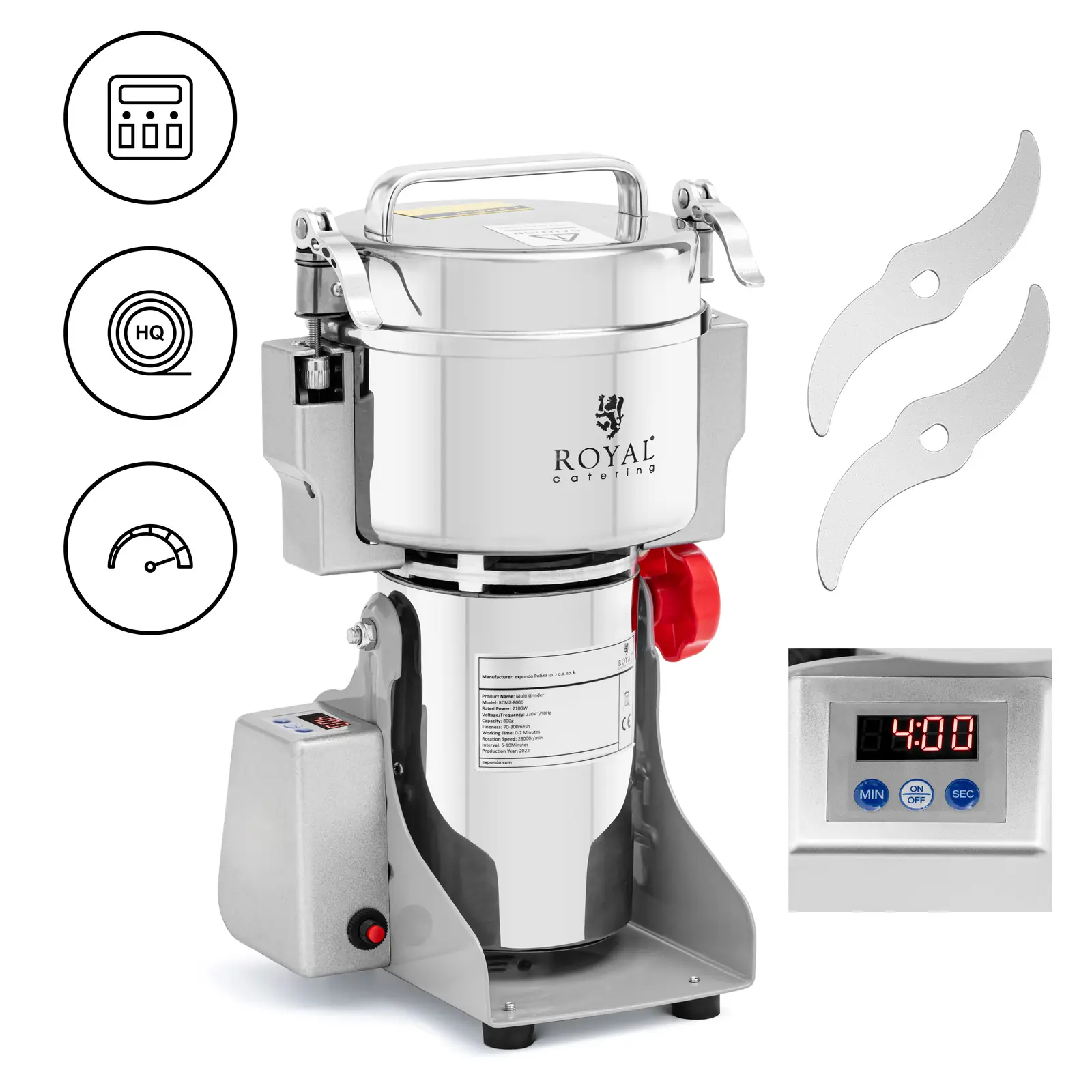 Electric Spice Grinder - 800 g - 17 x 9 cm - 2100 W - digital - Royal Catering