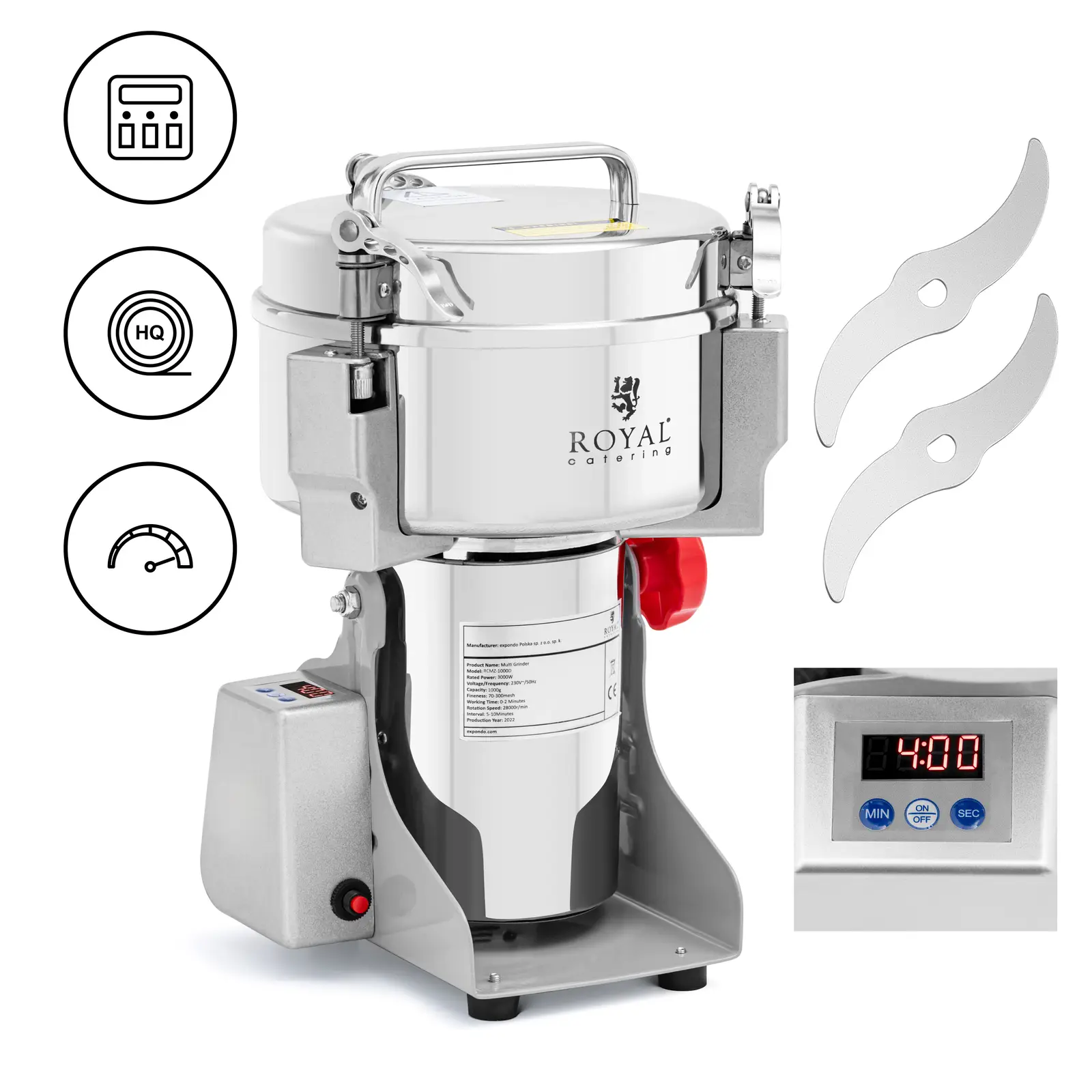 Electric Spice Grinder - 1000 g - 20 x 9 cm - 3000 W - digital - Royal Catering