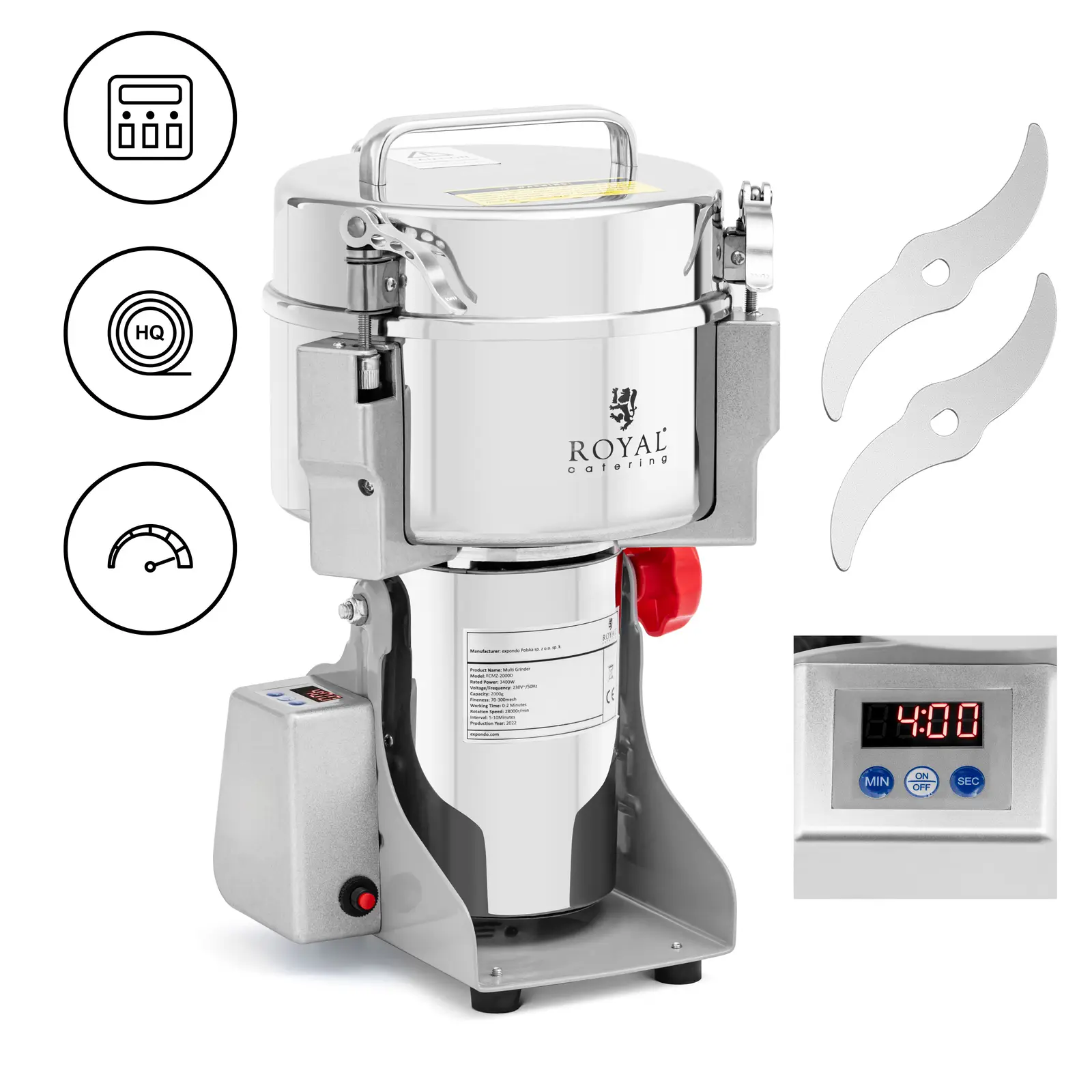Elektrický mlýnek na koření - 2 000 g - 21 x 9,5 cm - 3 400 W - digitální - Royal Catering - Obrázek produktu