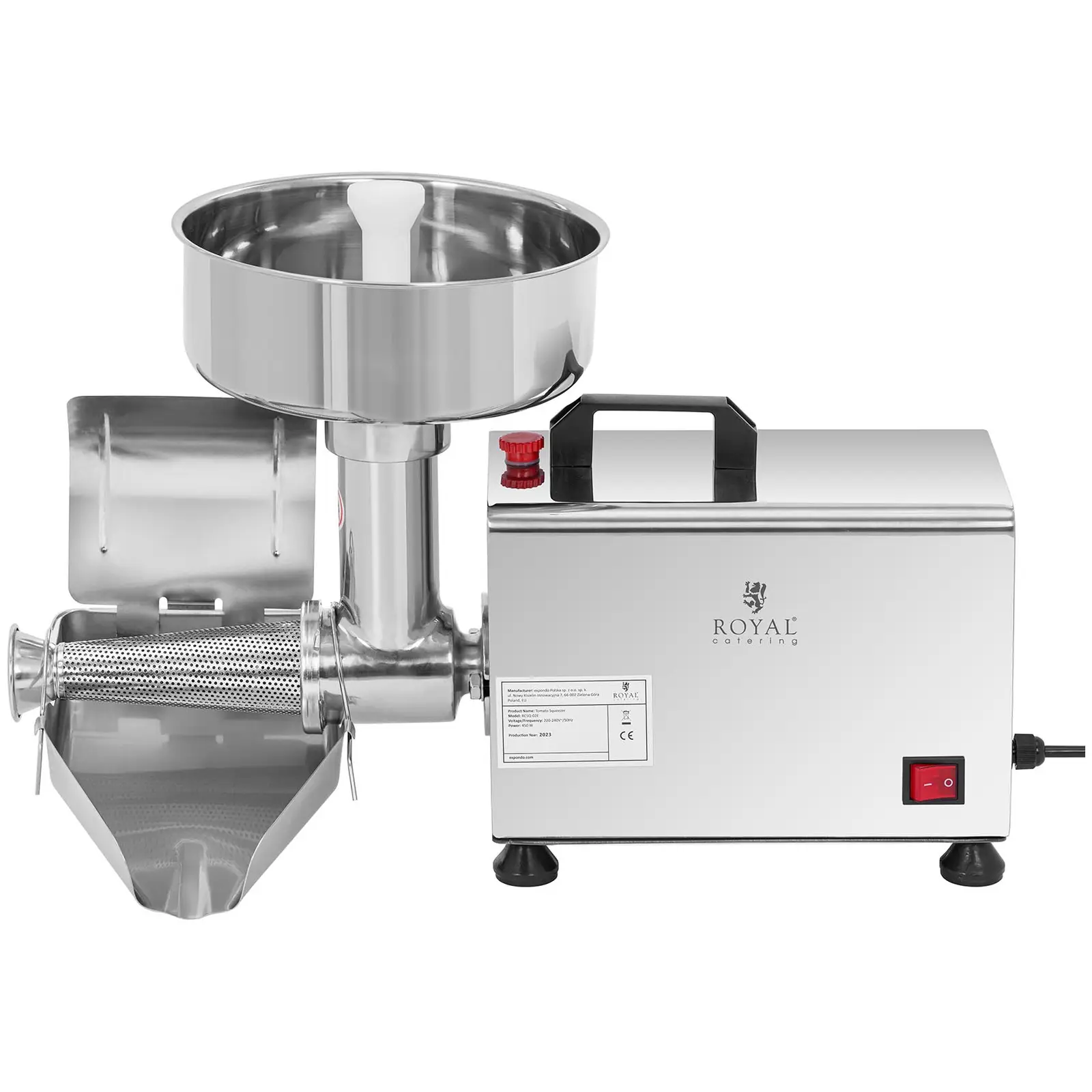 Elektrický lis na rajčata - 450 W - 80 ot/min - nerezová ocel - kryt s rukojetí - Royal Catering (Barva: Stříbrná)