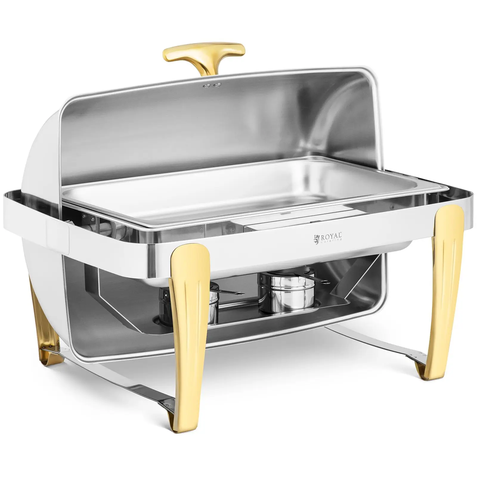 Chafing Dish - GN 1/1 - detalles dorados - cubierta abatible - 9 L - 2 Pilas de combustible - Royal Catering