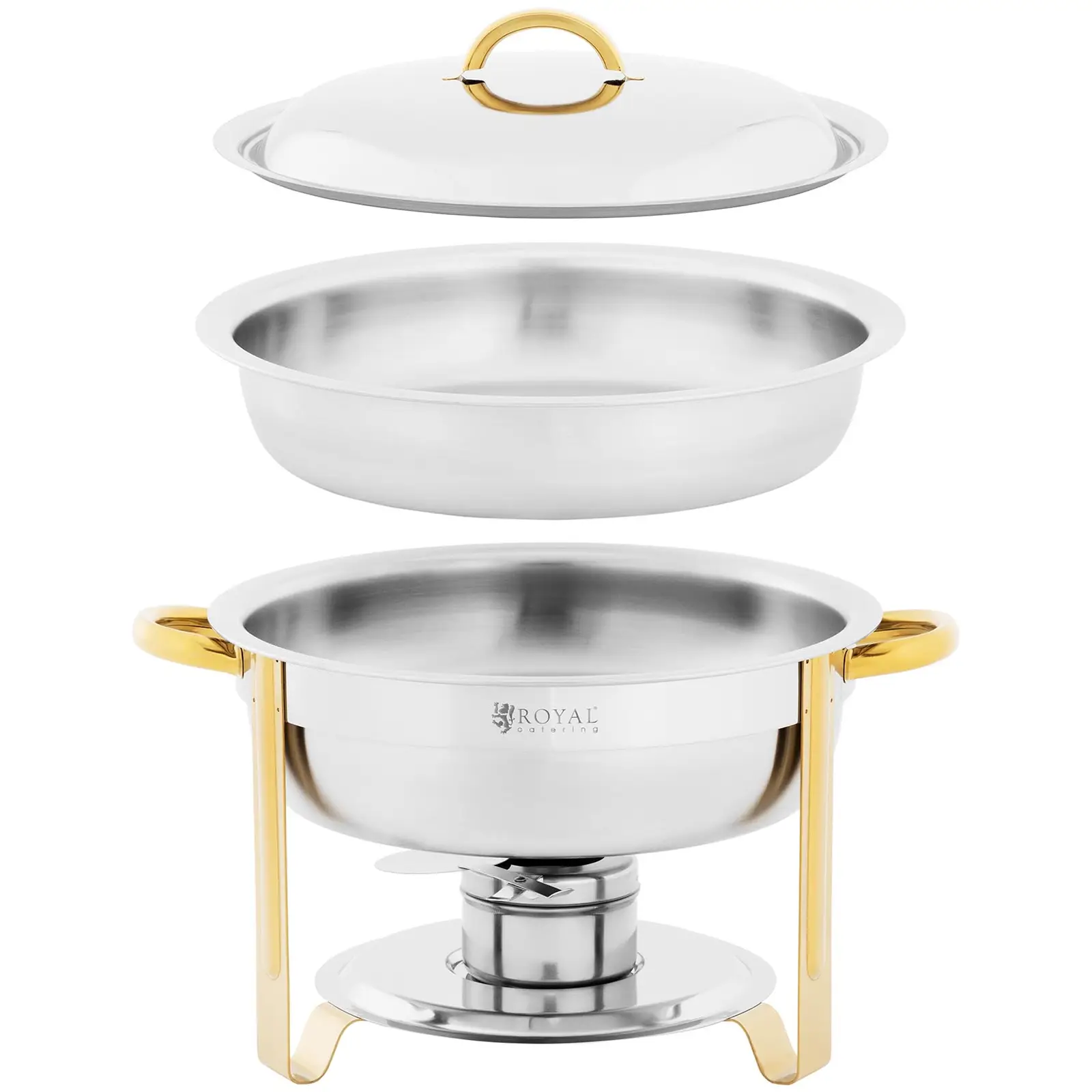 Chafing Dish - kulatý - pozlacení - 4,5 l - palivové články: 1 - sklopné nožičky - Royal Catering (Zásobník na vodu: Ano)