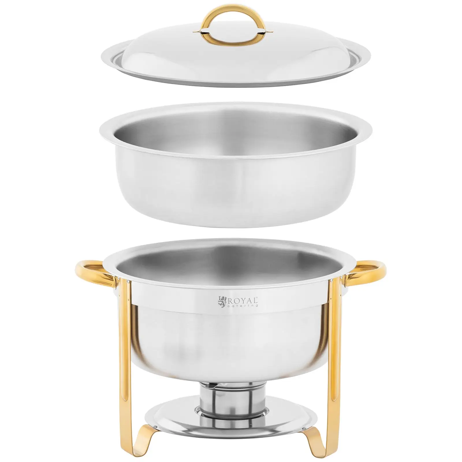 Chafing Dish - kulatý - pozlacení - 4,5 l - palivové články: 1 - sklopné nožičky - Royal Catering (Zásobník na vodu: Ano)