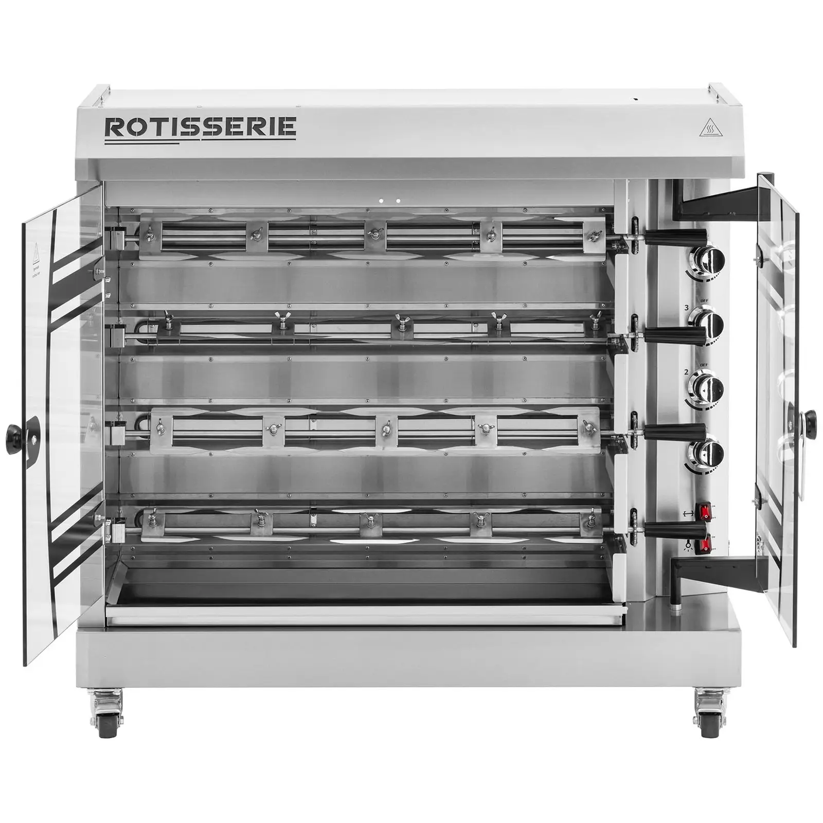 Rôtissoire professionnelle - 4 broches pour 24 poulets - avec éclairage et roues - Royal Catering (Puissance [W]: 8000)