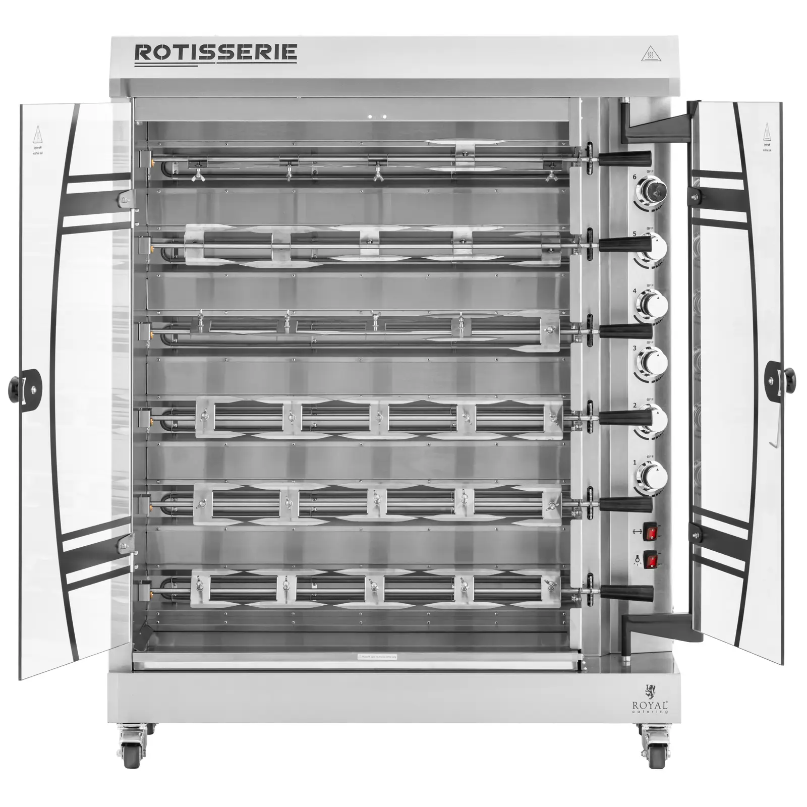 Electric Chicken Grill - 6 skewers for 36 chickens - with lighting and wheels - Royal Catering (Power [W]: 12000)