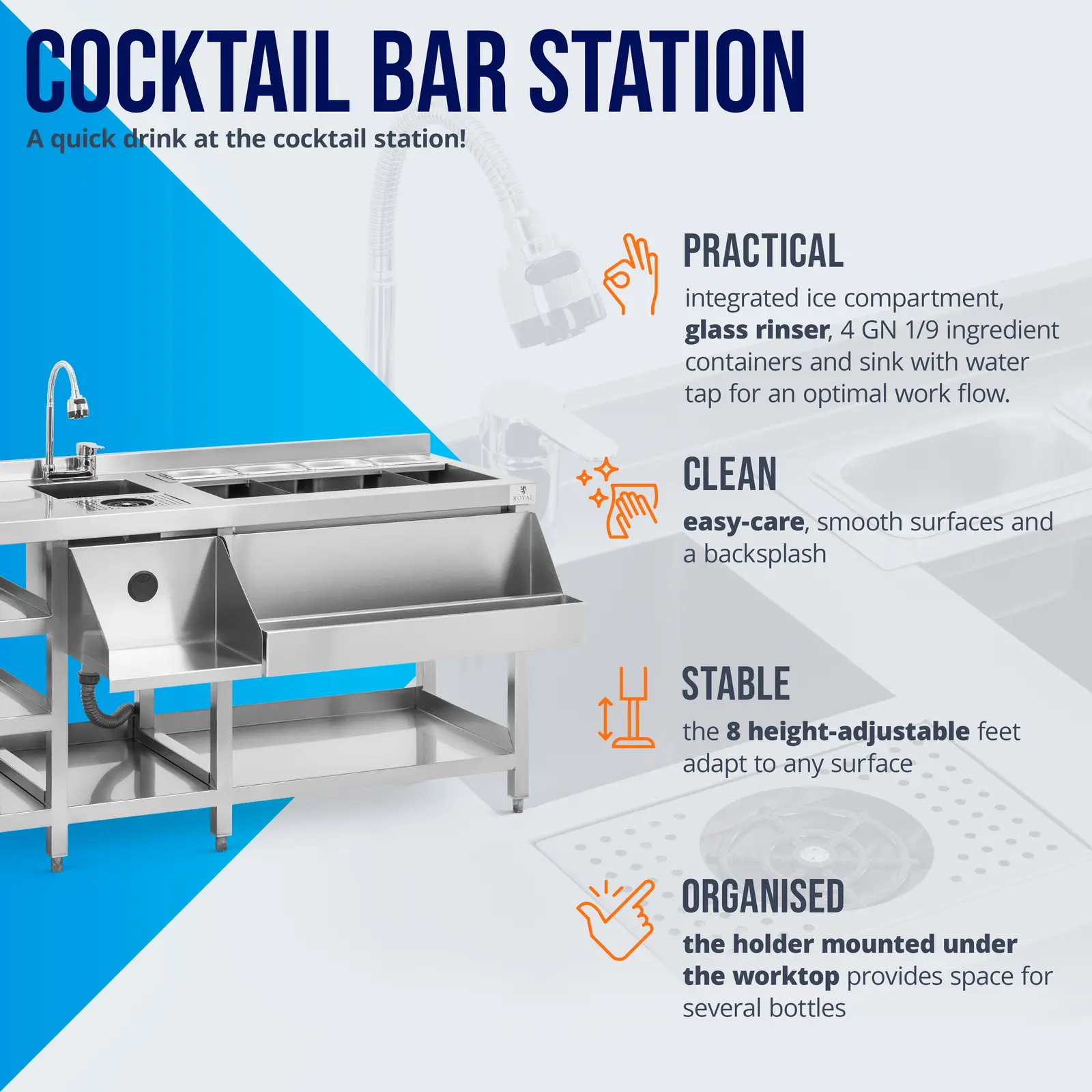 Estação de barman - recipiente para gelo, 4 recipientes GN 1/9, lavador de copos e prateleira para garrafas - Royal Catering