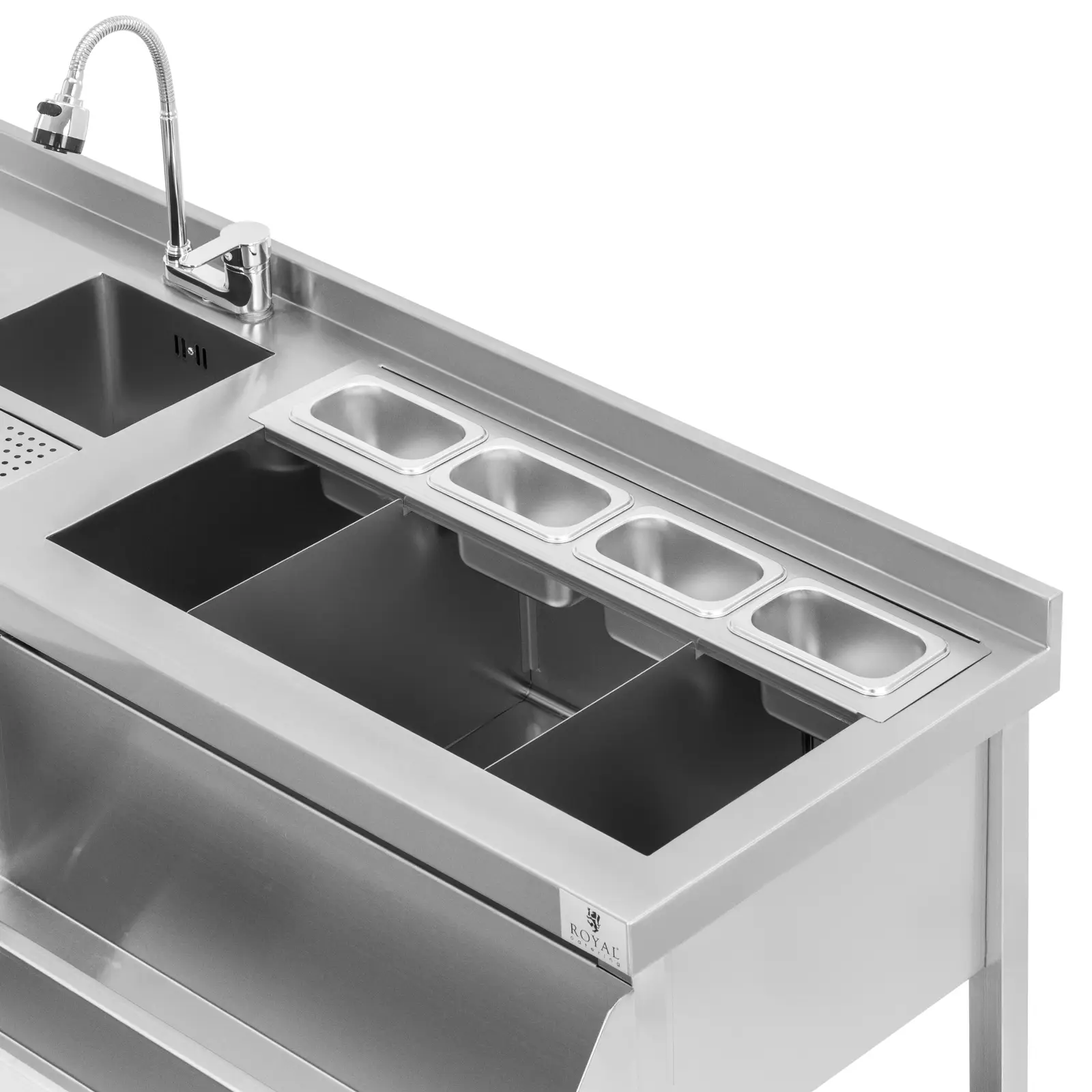 Station cocktail - avec bac à glace, 4 bacs GN 1/9, lave-verre et porte-bouteilles - Royal Catering (Couleur(s): Argenté)