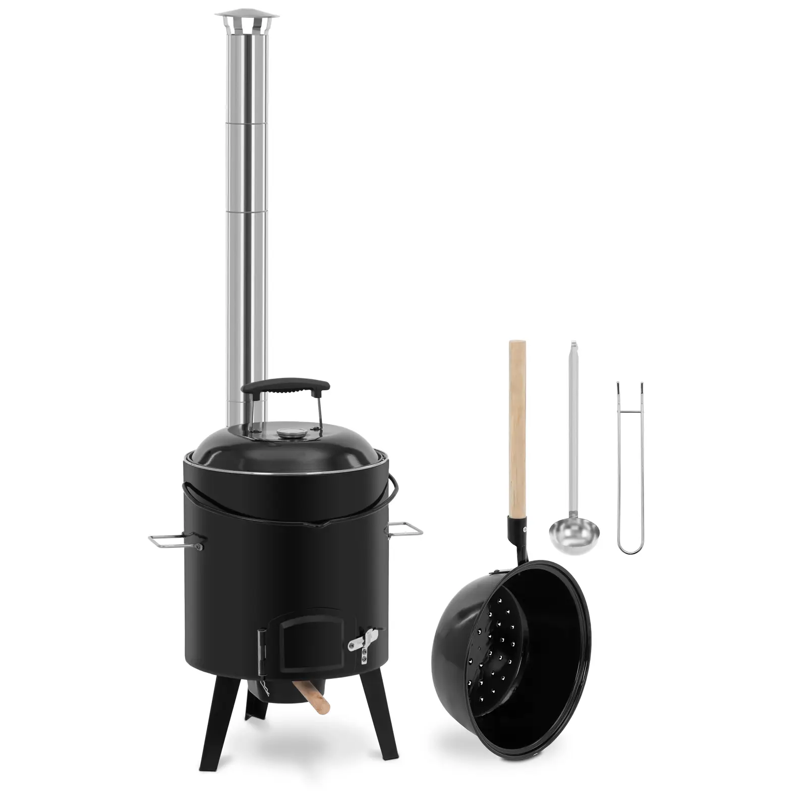 Caldero con chimenea para goulash - 14 L - esmaltado - rejilla - cucharón - termómetro - Royal Catering