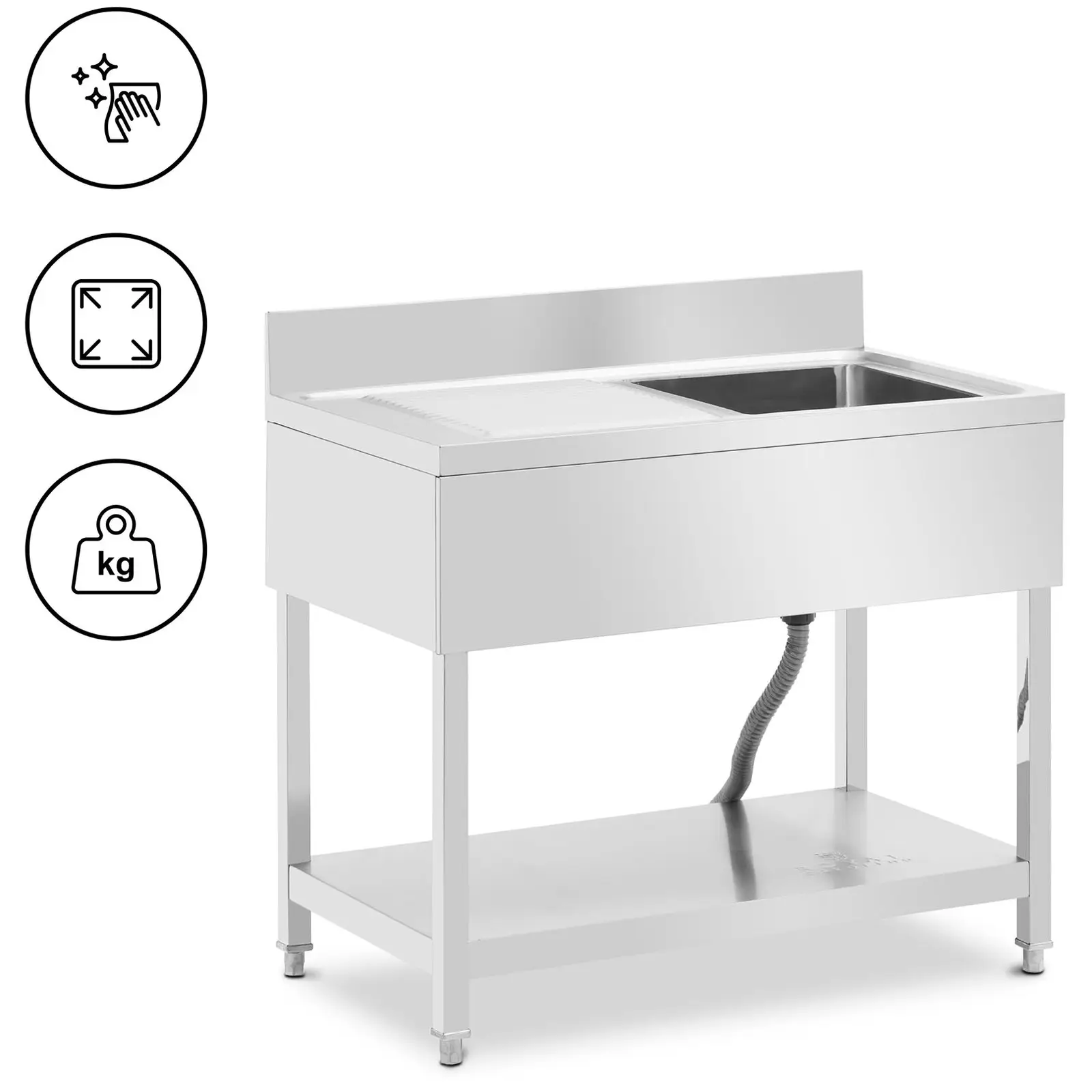 Mosogató asztal - 1 tál - rozsdamentes acél - 100 x 60 x 97 cm - Royal Catering