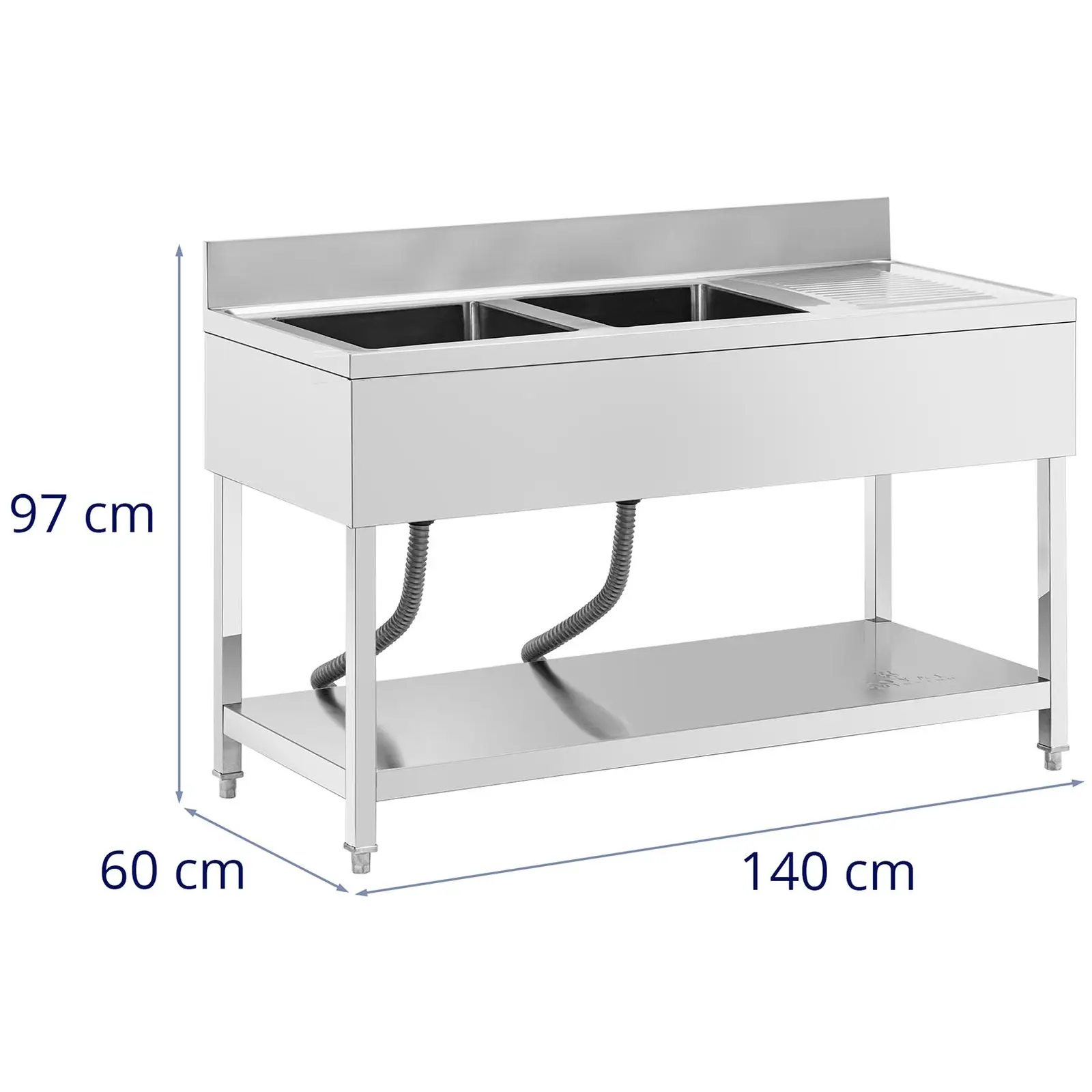 Lavello per cucina professionale - 2 vasche - Acciaio inox - 140 x 60 x 97 cm - Royal Catering