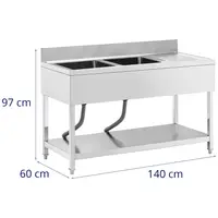 Sink Unit - 2 basins - stainless steel - 140 x 60 x 97 cm - Royal Catering
